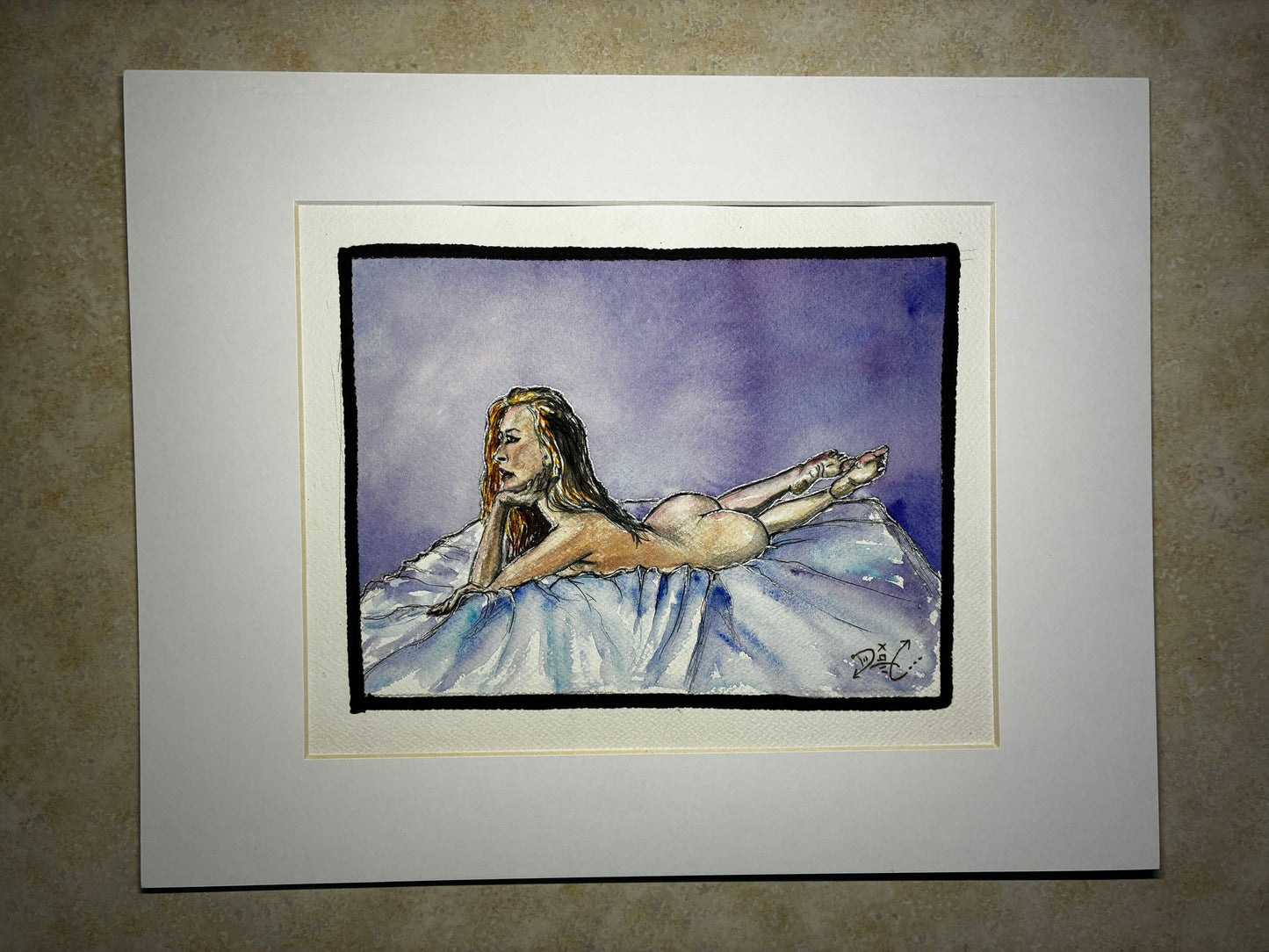 Sensual Recline: Watercolor Nude in Dreamy Purple Glow (8x10) - Urban Muse & Sultry Hues