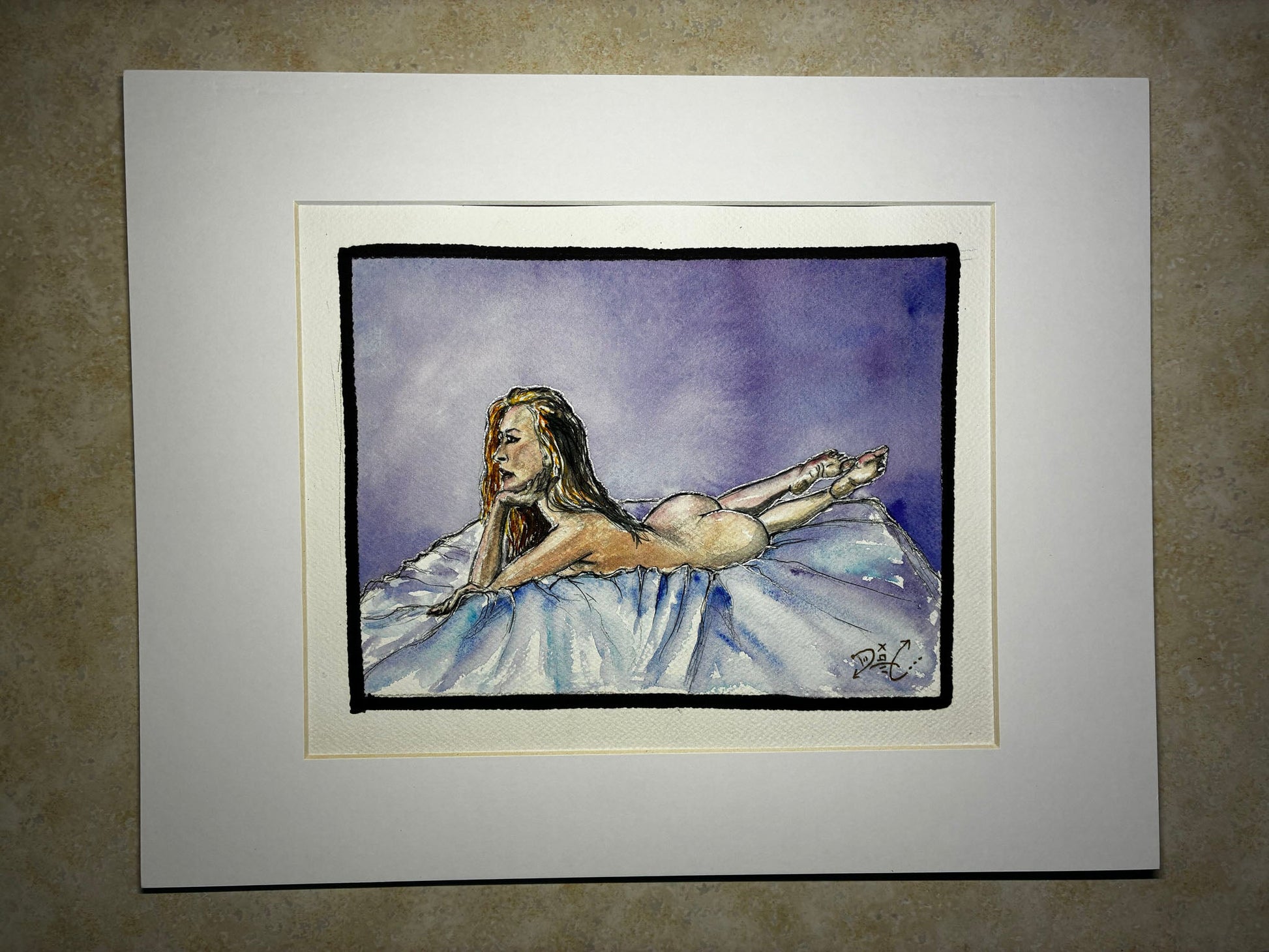 Sensual Recline: Watercolor Nude in Dreamy Purple Glow (8x10) - Urban Muse & Sultry Hues