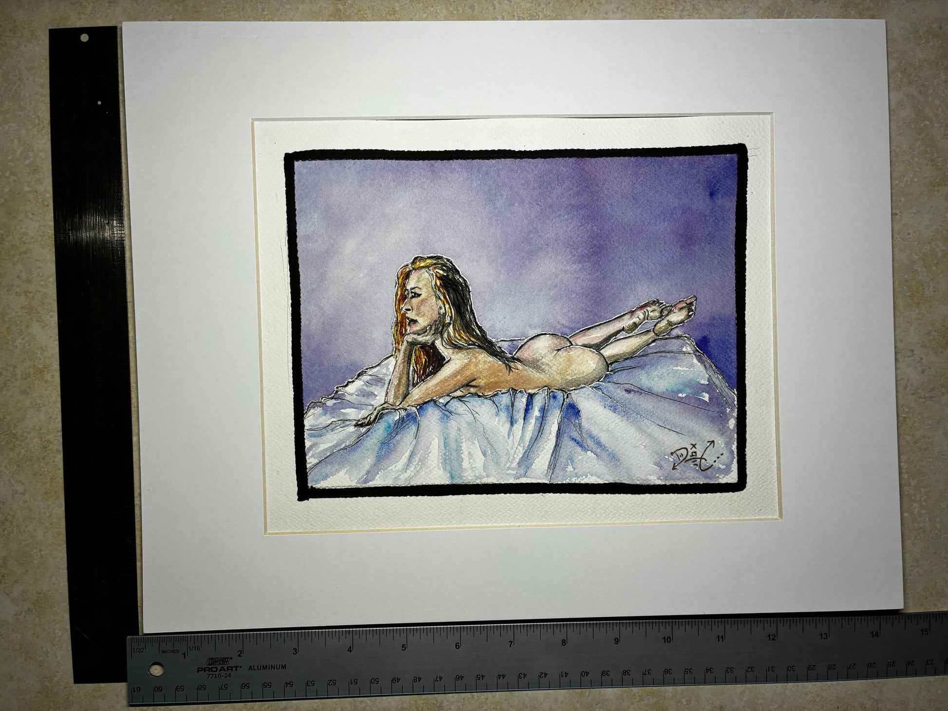 Sensual Recline: Watercolor Nude in Dreamy Purple Glow (8x10) - Urban Muse & Sultry Hues