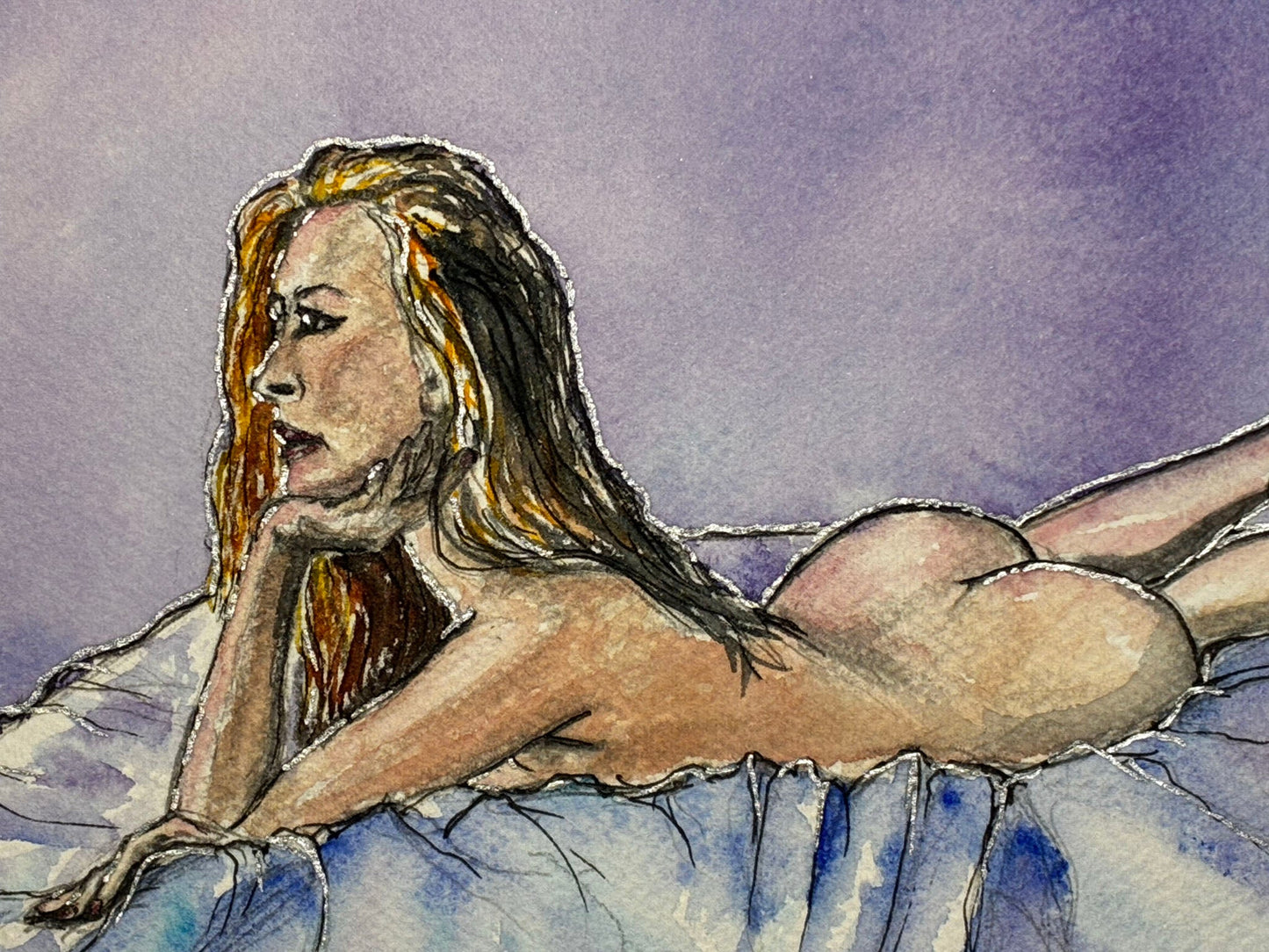 Sensual Recline: Watercolor Nude in Dreamy Purple Glow (8x10) - Urban Muse & Sultry Hues