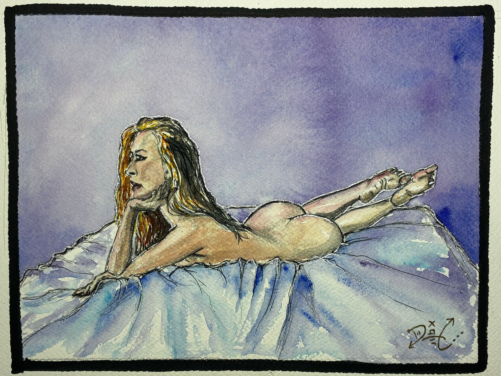 Sensual Recline: Watercolor Nude in Dreamy Purple Glow (8x10) - Urban Muse & Sultry Hues