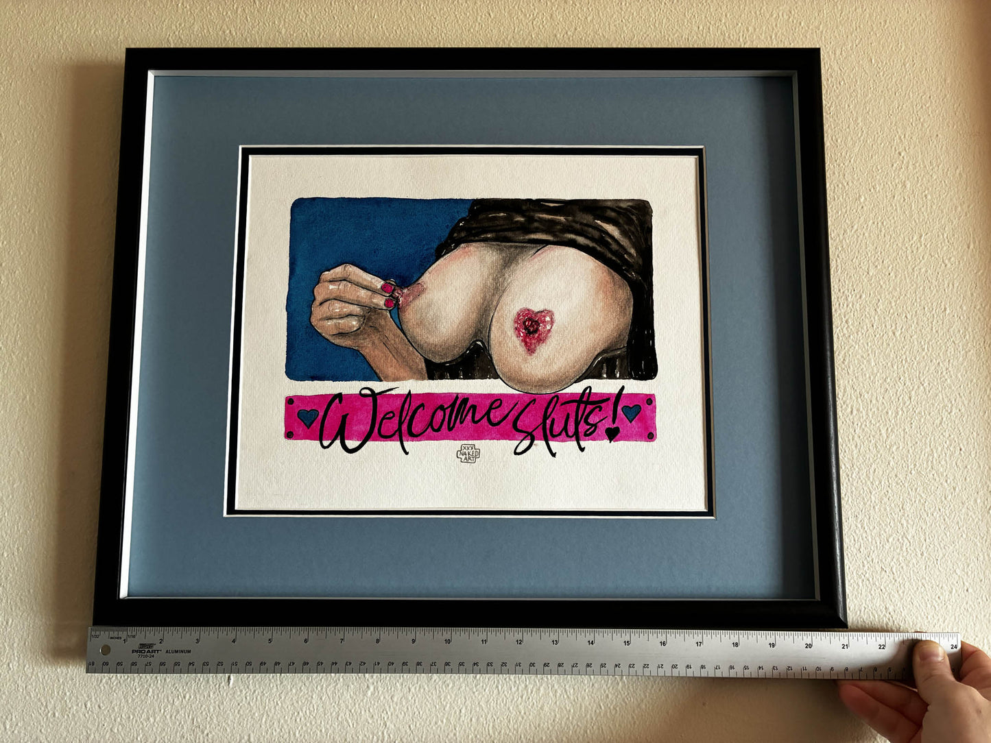 Sensual Watercolor "Welcome Sluts!" – Playful Erotic Nude Breast Art, Framed 17x21 - Urban Muse & Sultry Hues