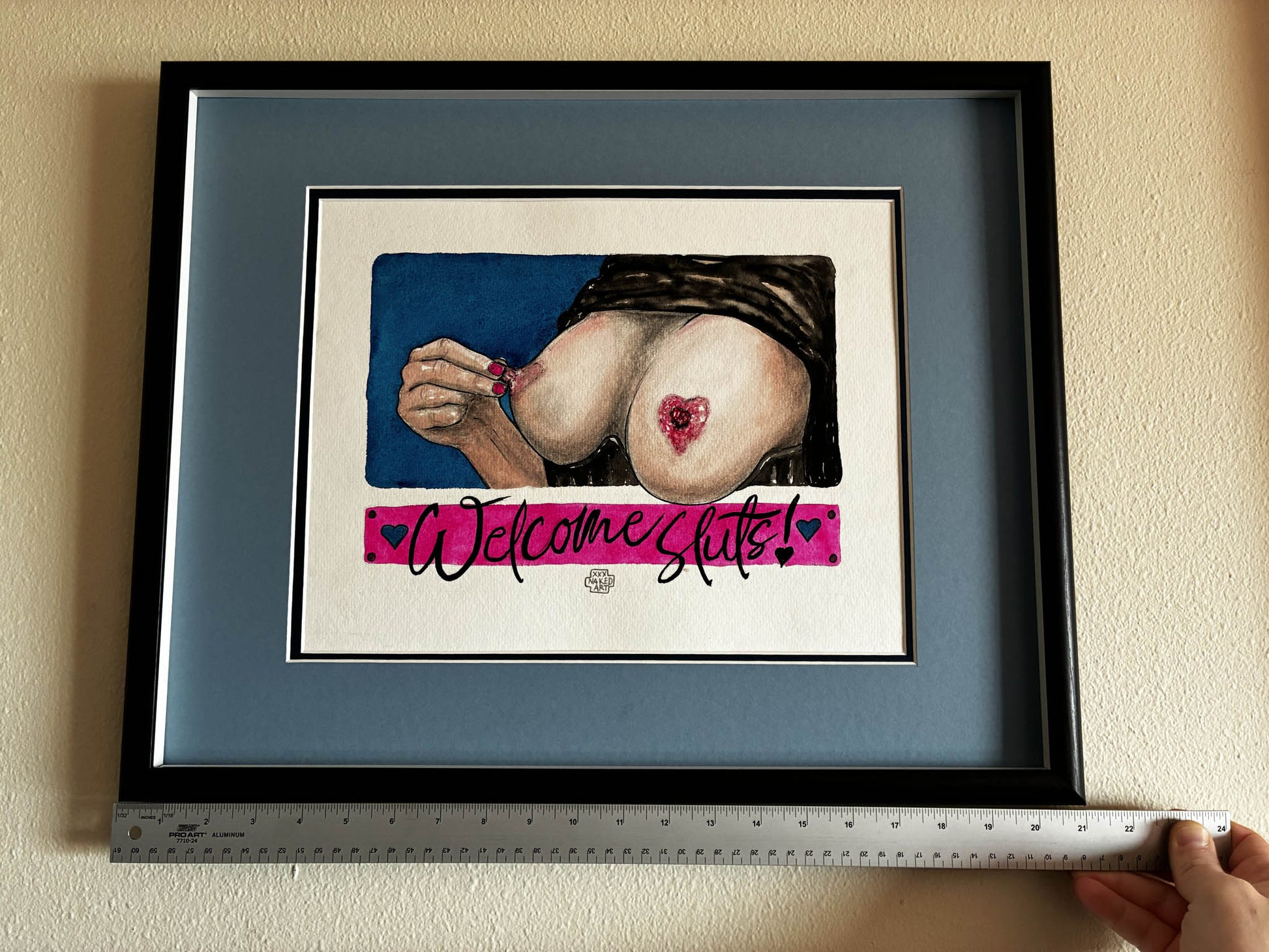 Sensual Watercolor "Welcome Sluts!" – Playful Erotic Nude Breast Art, Framed 17x21 - Urban Muse & Sultry Hues