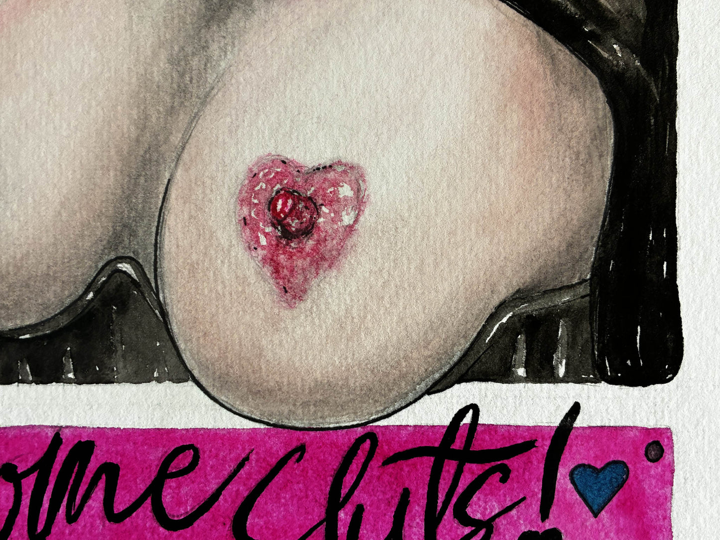 Sensual Watercolor "Welcome Sluts!" – Playful Erotic Nude Breast Art, Framed 17x21 - Urban Muse & Sultry Hues