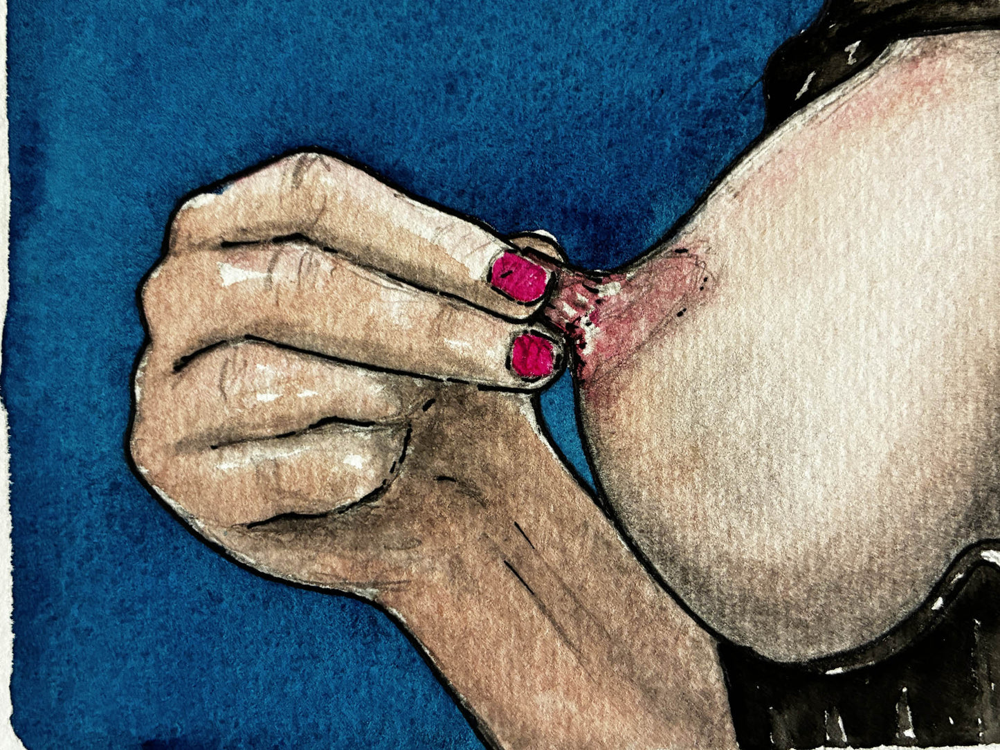 Sensual Watercolor "Welcome Sluts!" – Playful Erotic Nude Breast Art, Framed 17x21 - Urban Muse & Sultry Hues