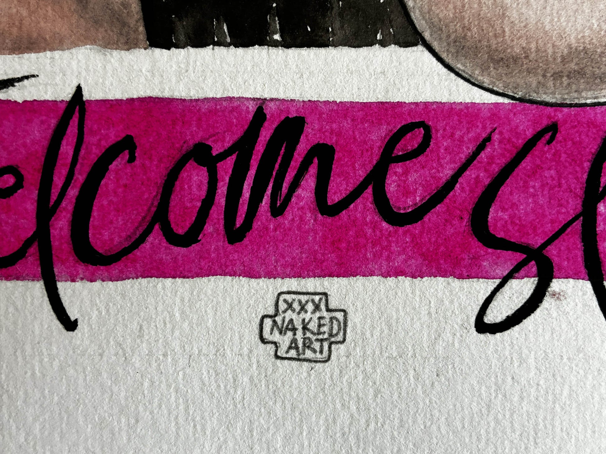 Sensual Watercolor "Welcome Sluts!" – Playful Erotic Nude Breast Art, Framed 17x21 - Urban Muse & Sultry Hues