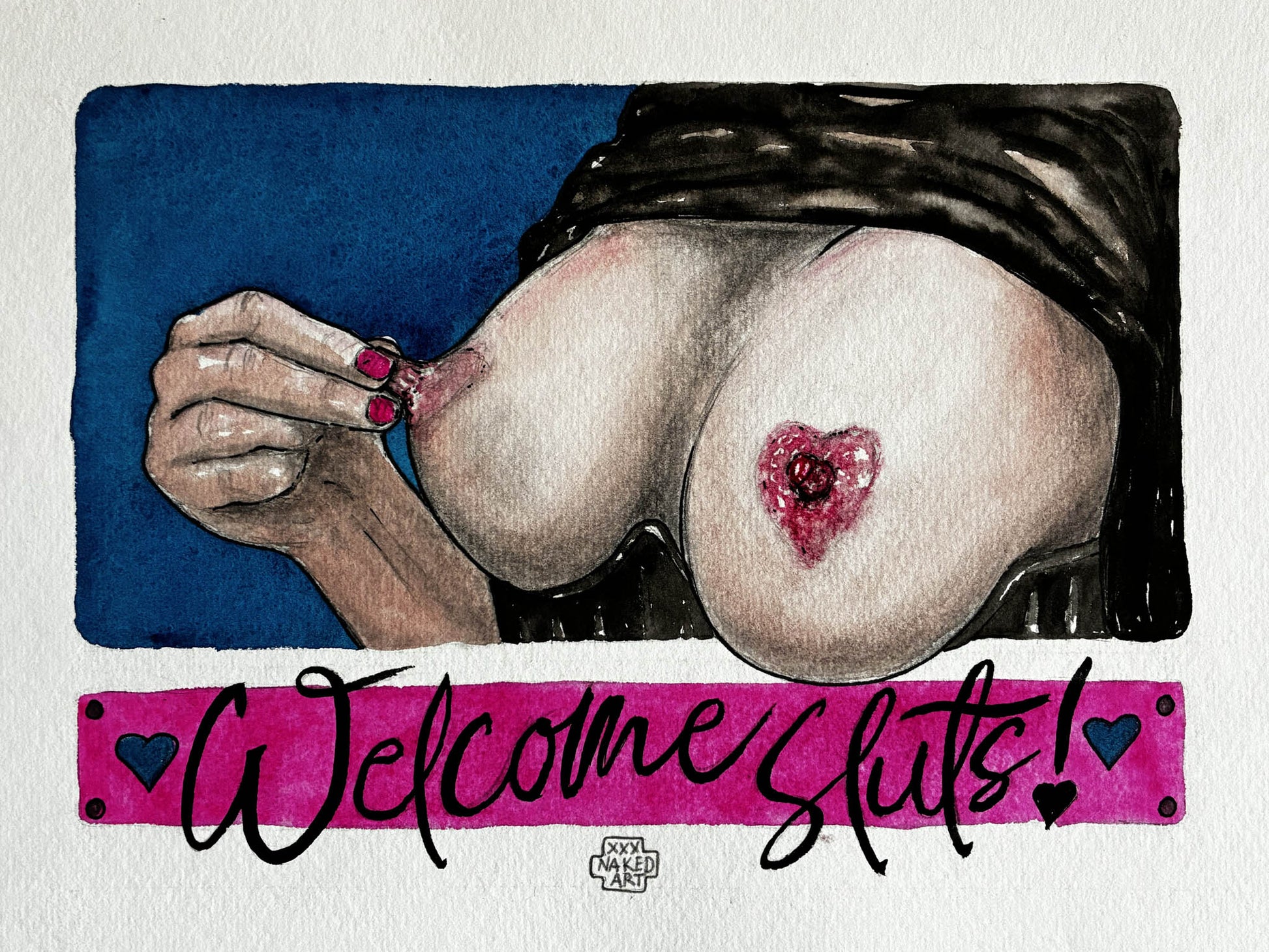Sensual Watercolor "Welcome Sluts!" – Playful Erotic Nude Breast Art, Framed 17x21 - Urban Muse & Sultry Hues