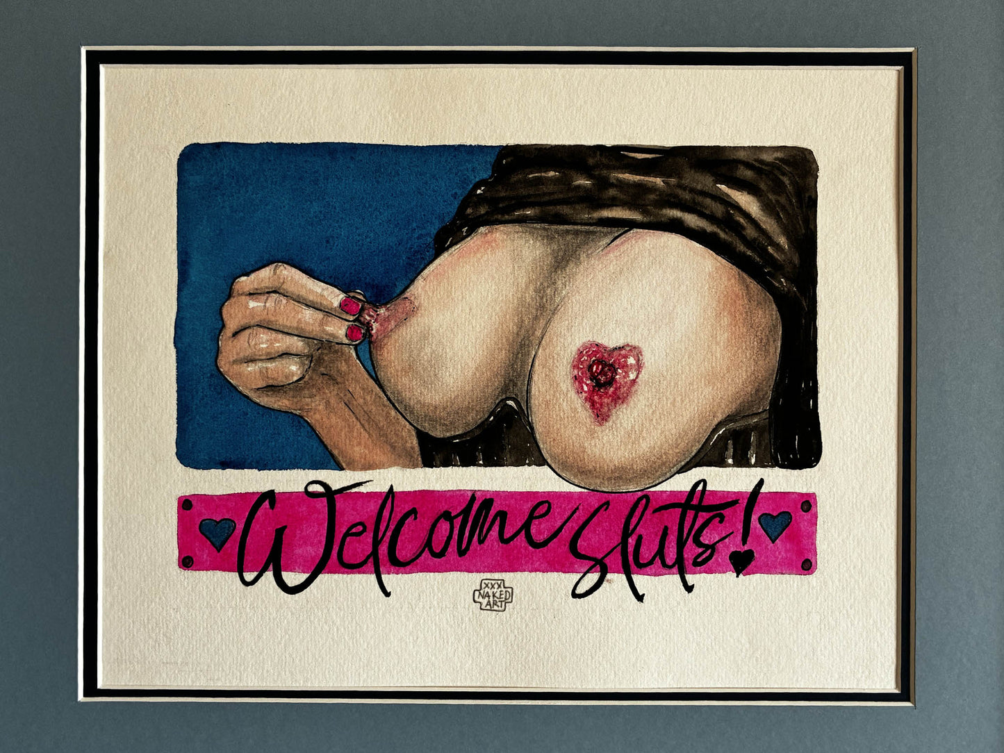 Sensual Watercolor "Welcome Sluts!" – Playful Erotic Nude Breast Art, Framed 17x21 - Urban Muse & Sultry Hues