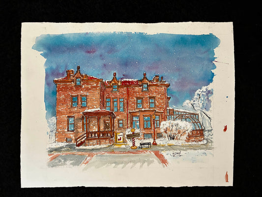 Snowy Winter at Historic Moss Mansion, Billings Montana Watercolor – 11x14” - Urban Muse & Sultry Hues