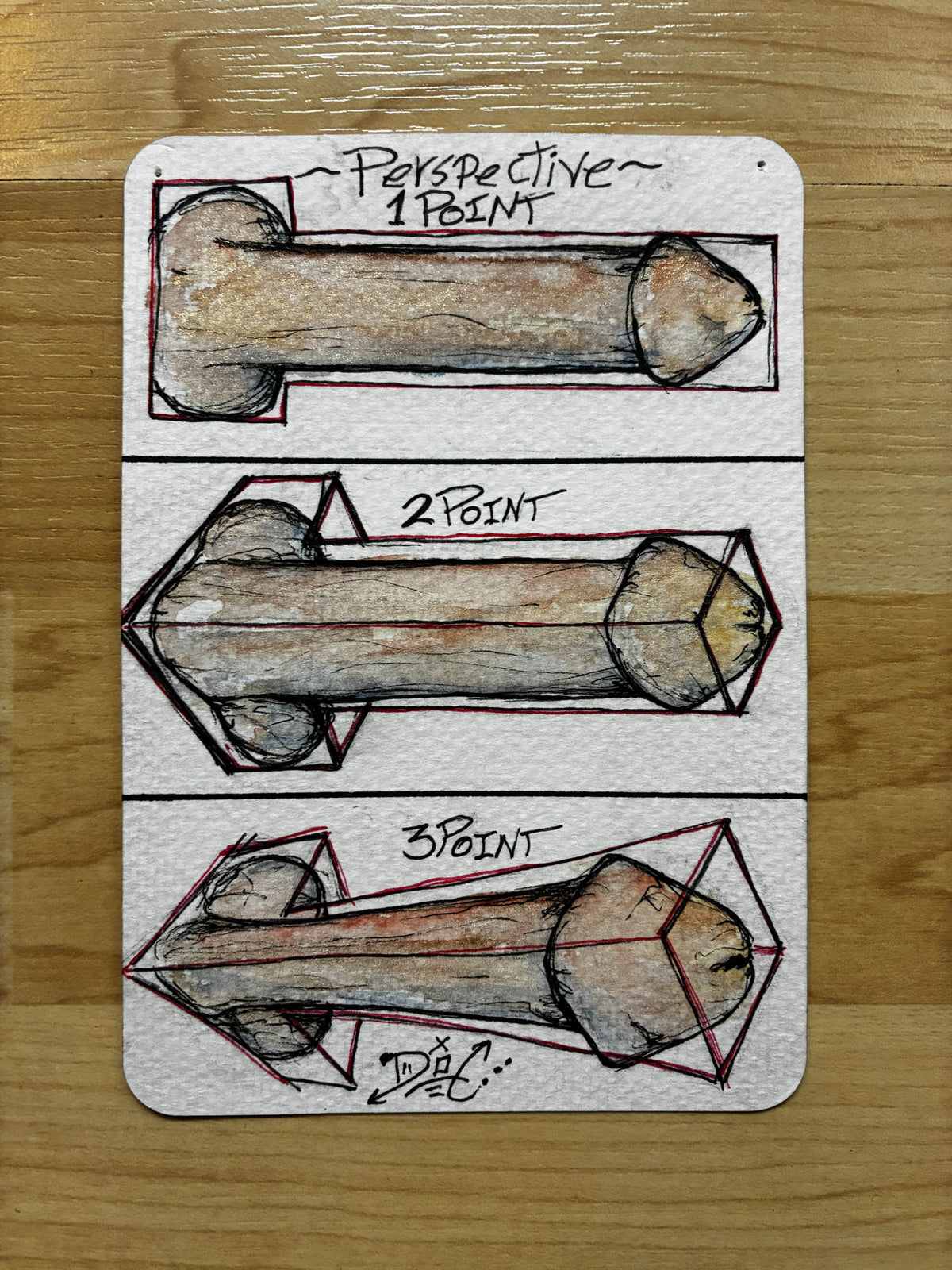 Spicy Perspective Lesson Watercolor – 1, 2 & 3 Point Penis Drawing – 4x6” - Urban Muse & Sultry Hues