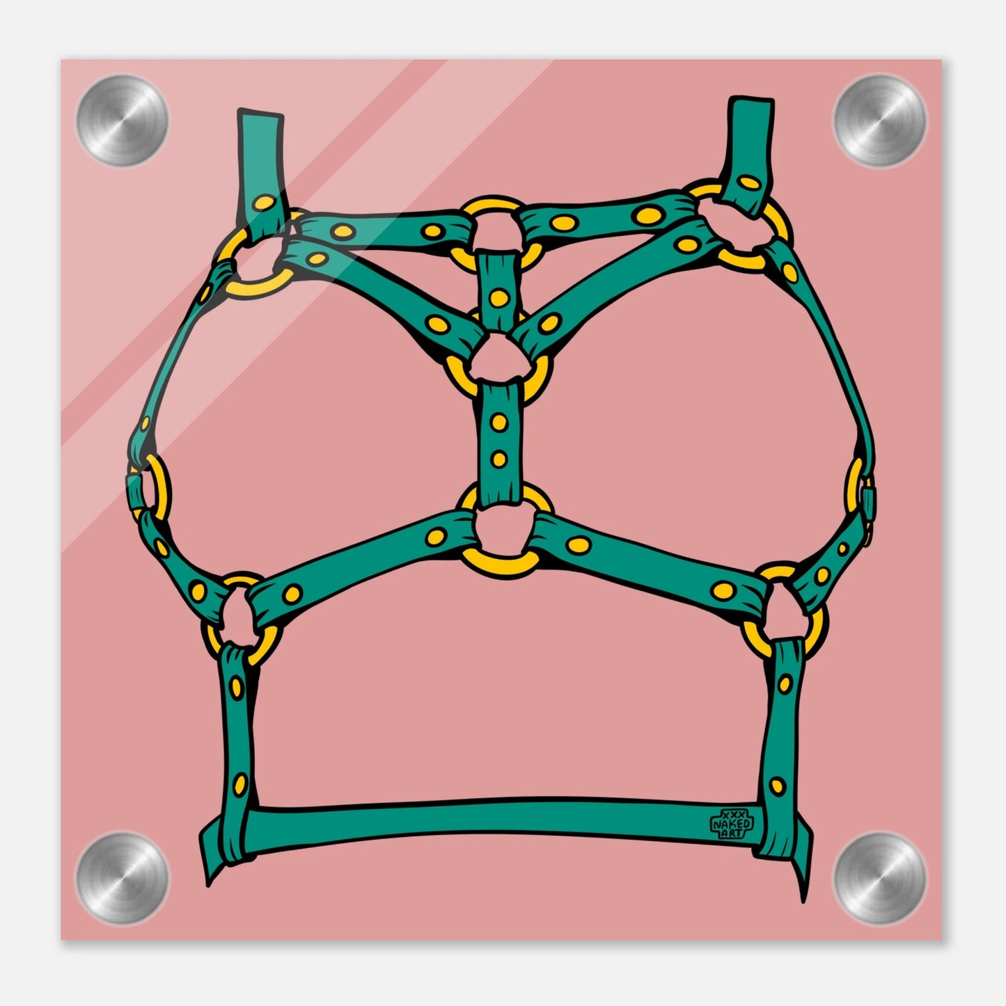 Sultry Teal Harness Straps & Golden Rings – Erotic Bondage Illustration Acrylic Print - Urban Muse & Sultry Hues