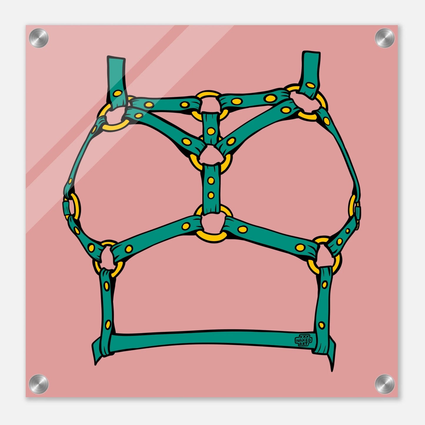 Sultry Teal Harness Straps & Golden Rings – Erotic Bondage Illustration Acrylic Print - Urban Muse & Sultry Hues