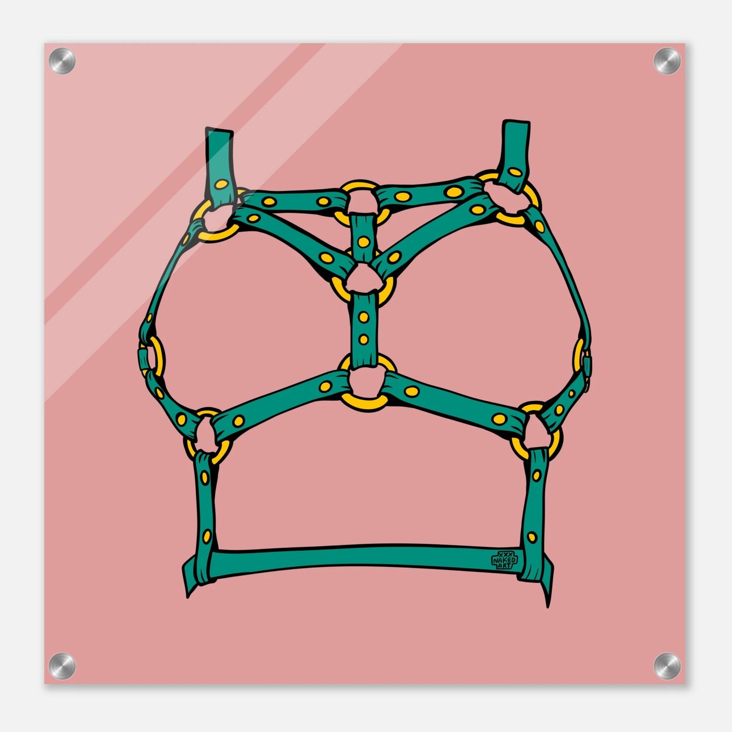 Sultry Teal Harness Straps & Golden Rings – Erotic Bondage Illustration Acrylic Print - Urban Muse & Sultry Hues