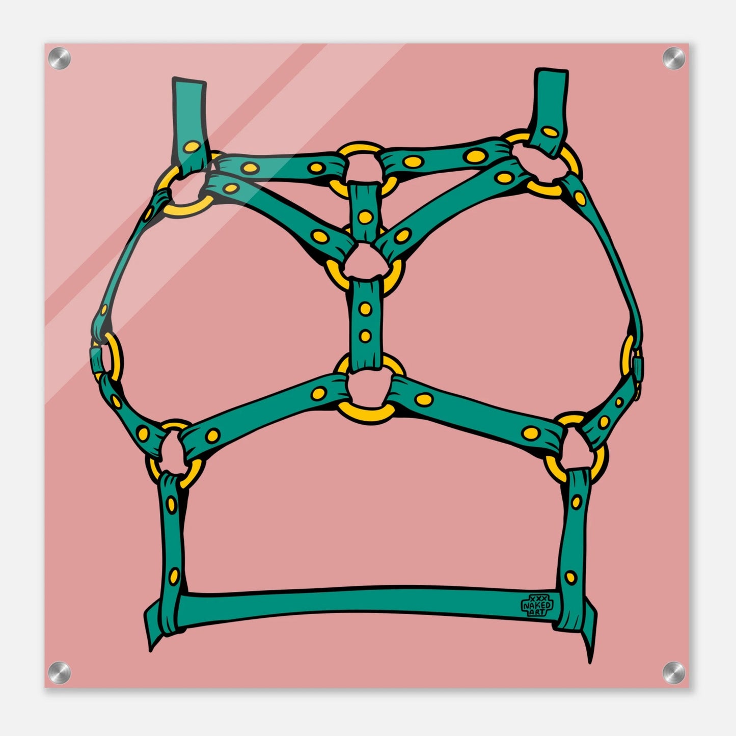 Sultry Teal Harness Straps & Golden Rings – Erotic Bondage Illustration Acrylic Print - Urban Muse & Sultry Hues