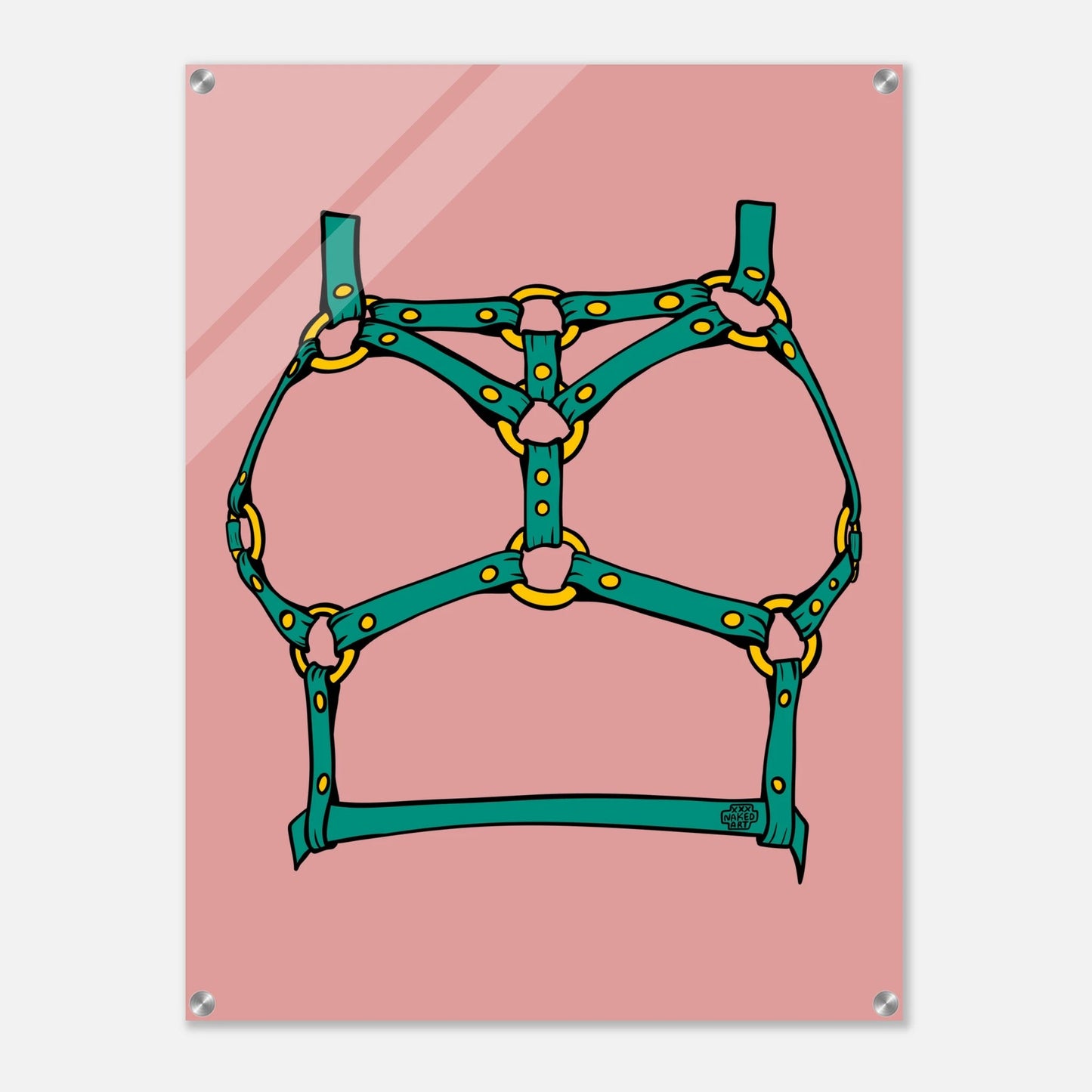 Sultry Teal Harness Straps & Golden Rings – Erotic Bondage Illustration Acrylic Print - Urban Muse & Sultry Hues