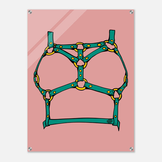 Sultry Teal Harness Straps & Golden Rings – Erotic Bondage Illustration Acrylic Print - Urban Muse & Sultry Hues