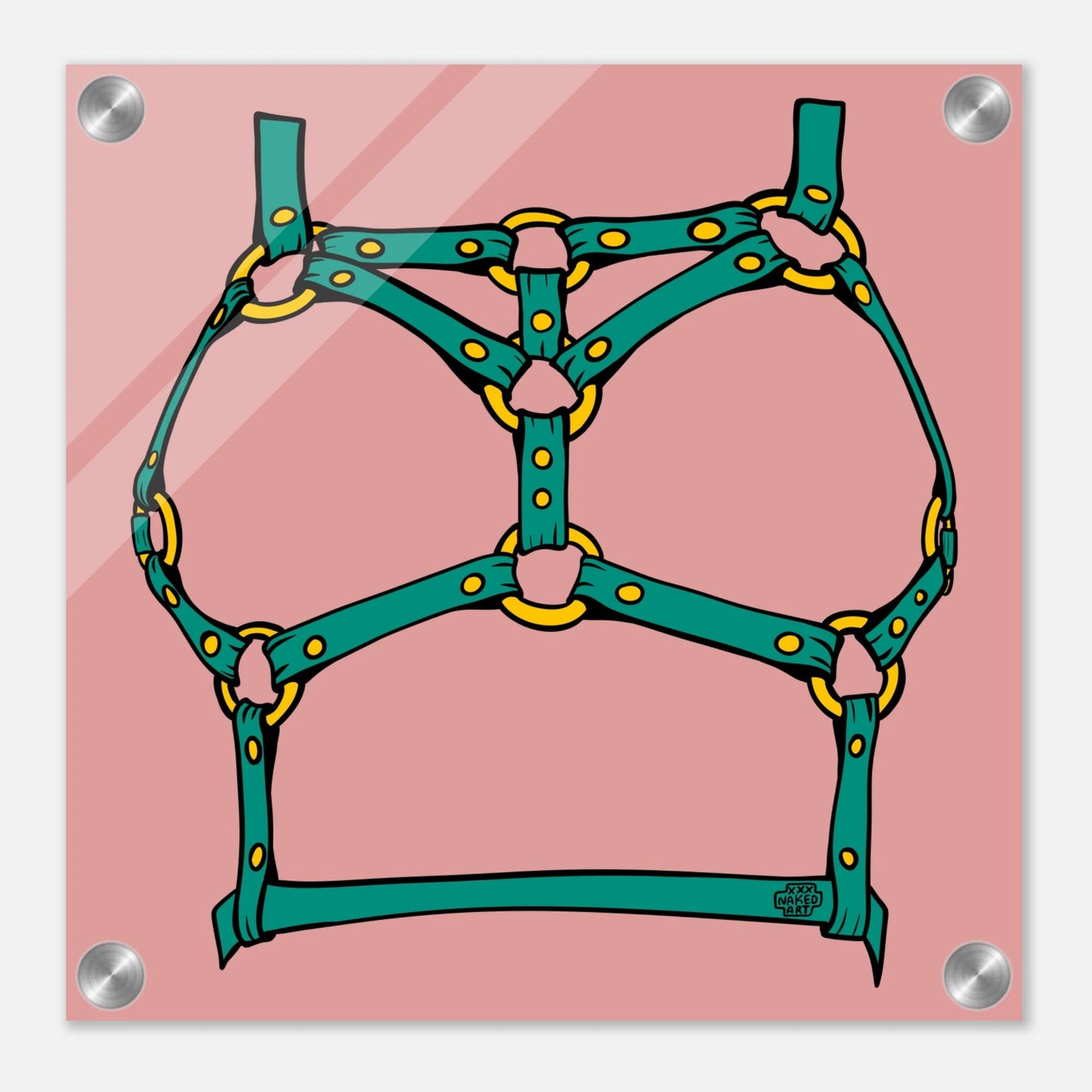 Sultry Teal Harness Straps & Golden Rings – Erotic Bondage Illustration Acrylic Print - Urban Muse & Sultry Hues