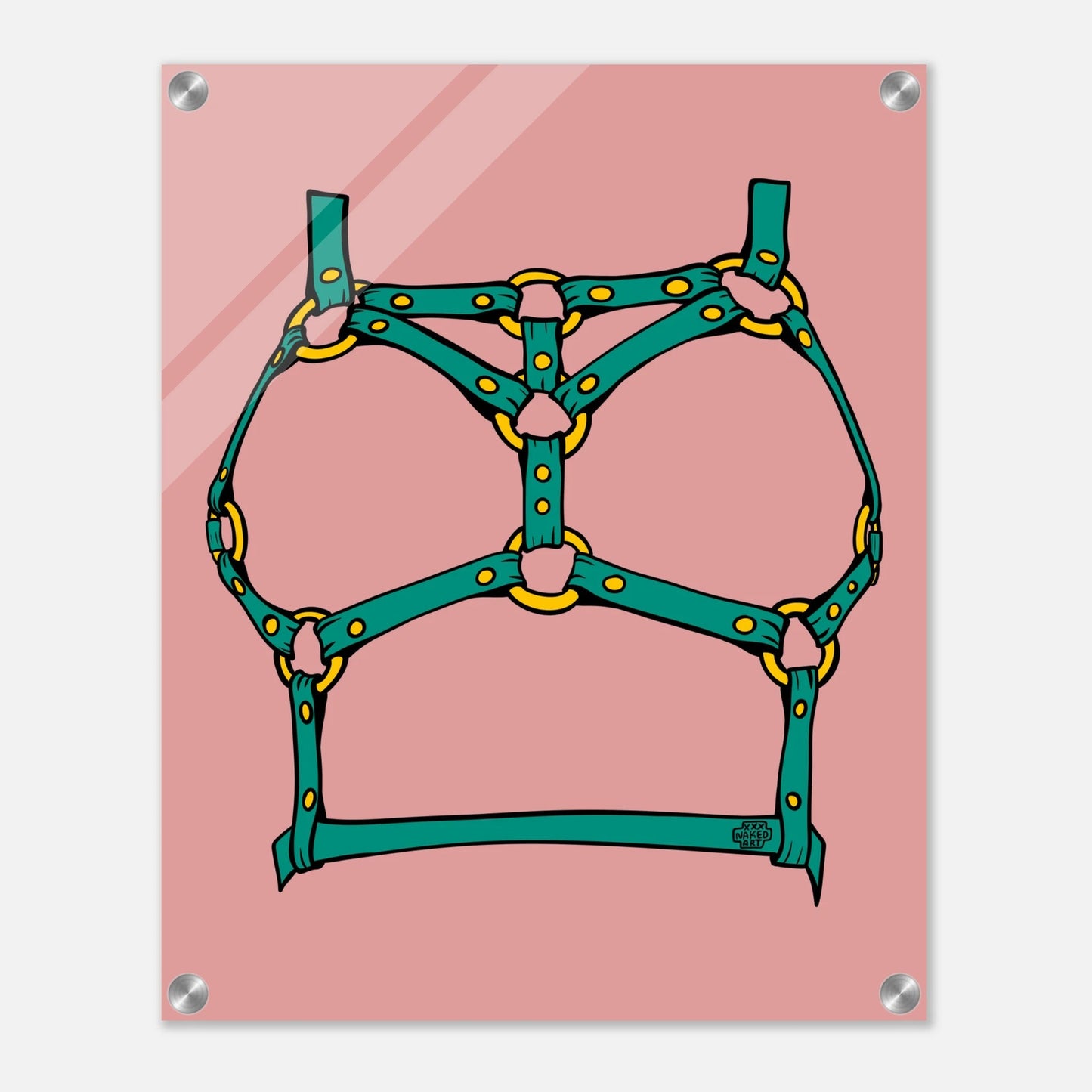 Sultry Teal Harness Straps & Golden Rings – Erotic Bondage Illustration Acrylic Print - Urban Muse & Sultry Hues