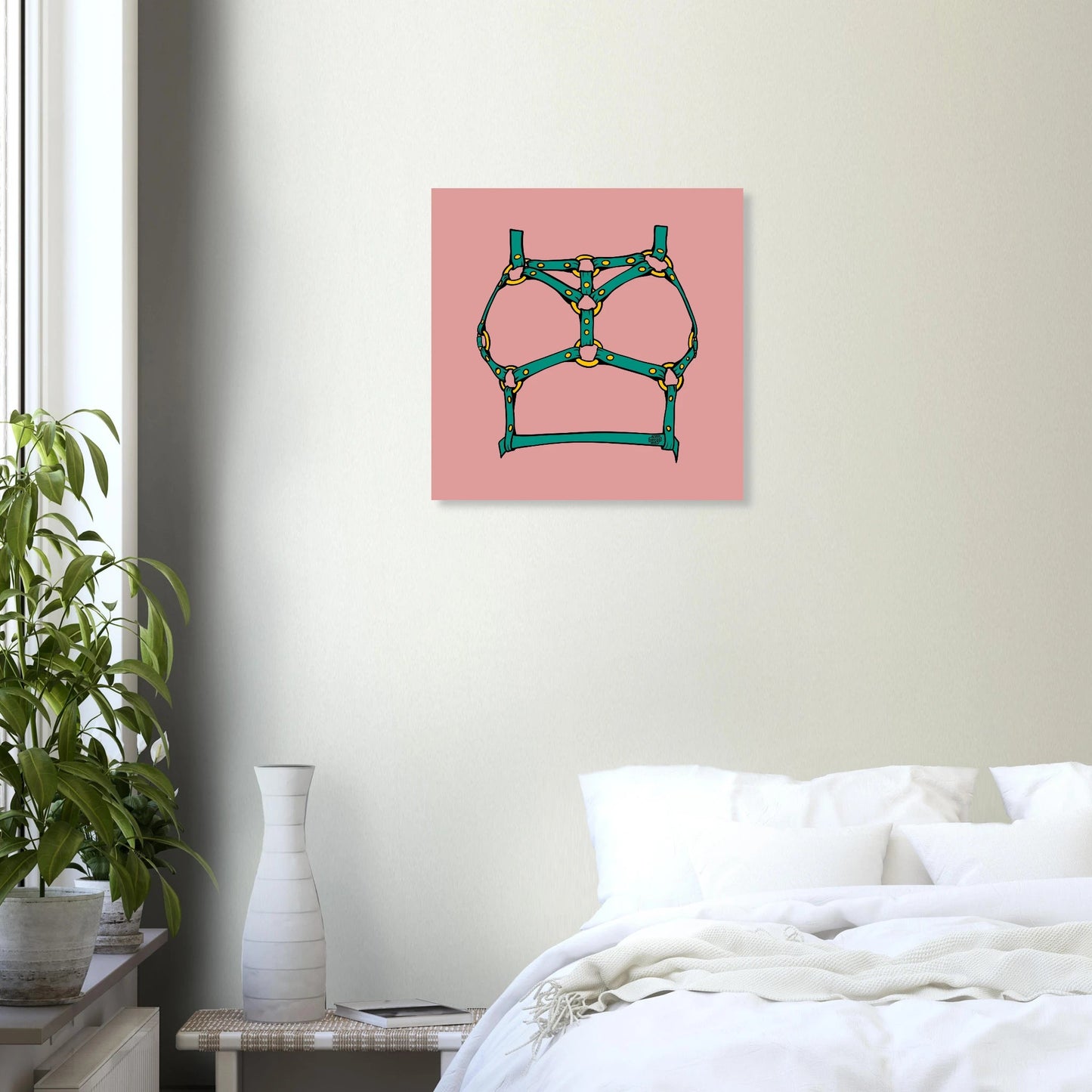 Sultry Teal Harness Straps & Golden Rings – Erotic Bondage Illustration Aluminum Print - Urban Muse & Sultry Hues