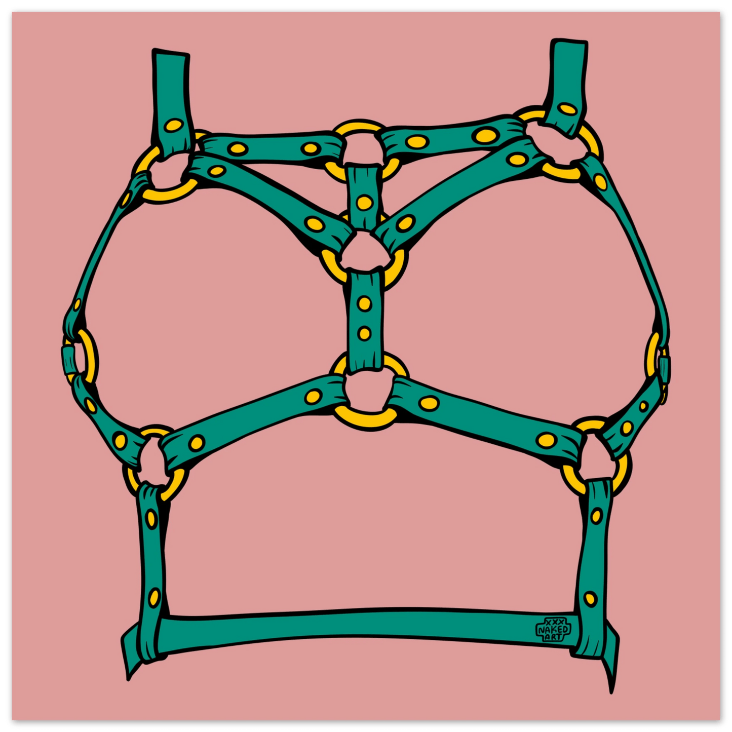 Sultry Teal Harness Straps & Golden Rings – Erotic Bondage Illustration Aluminum Print - Urban Muse & Sultry Hues