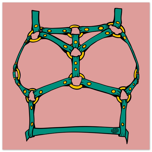 Sultry Teal Harness Straps & Golden Rings – Erotic Bondage Illustration Aluminum Print - Urban Muse & Sultry Hues