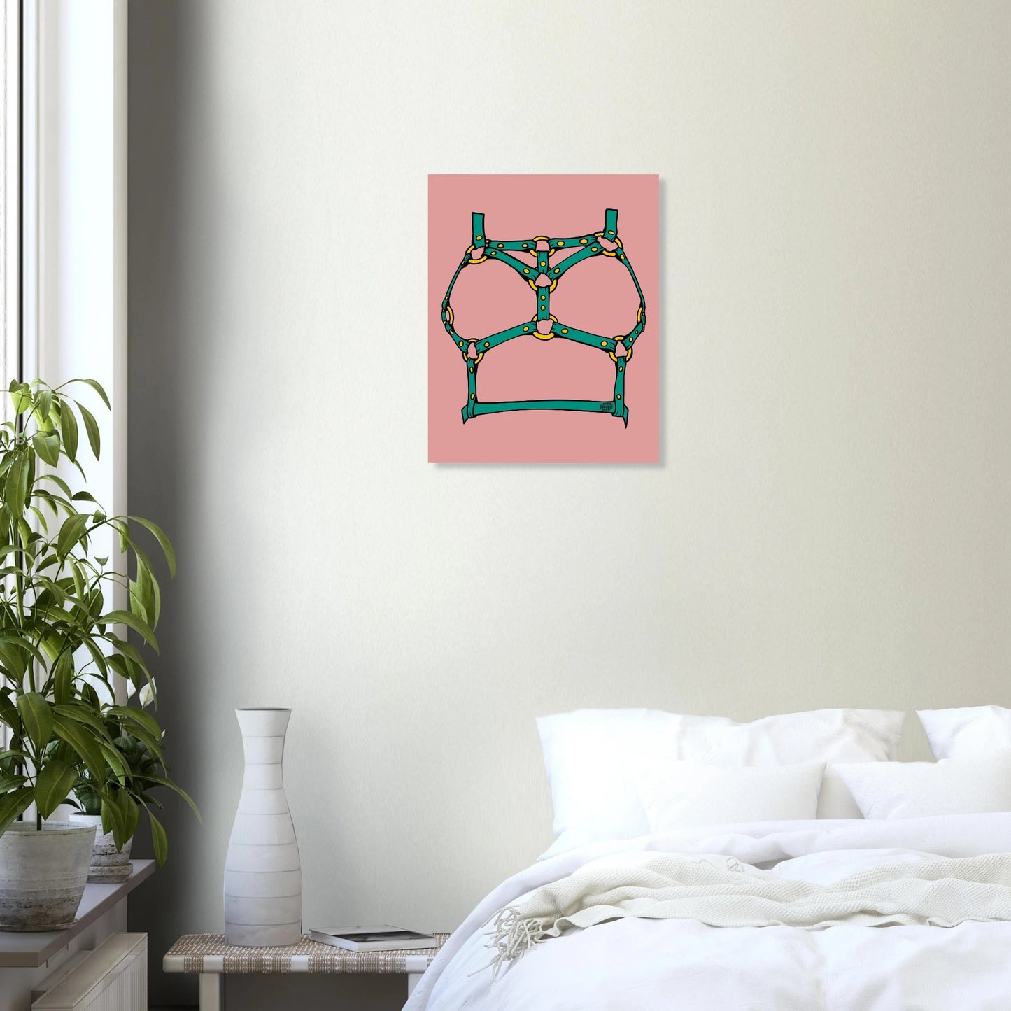 Sultry Teal Harness Straps & Golden Rings – Erotic Bondage Illustration Aluminum Print - Urban Muse & Sultry Hues