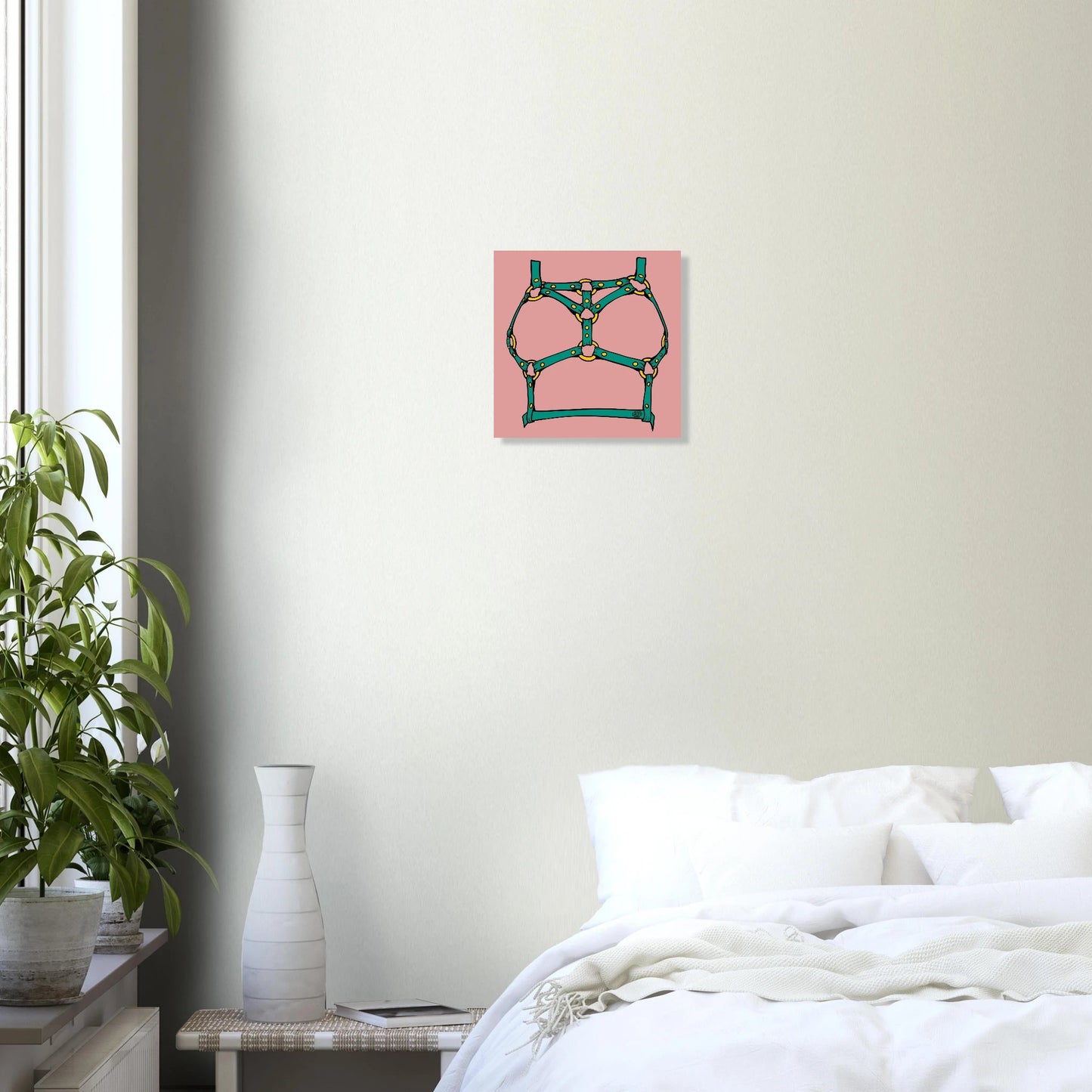 Sultry Teal Harness Straps & Golden Rings – Erotic Bondage Illustration Aluminum Print - Urban Muse & Sultry Hues