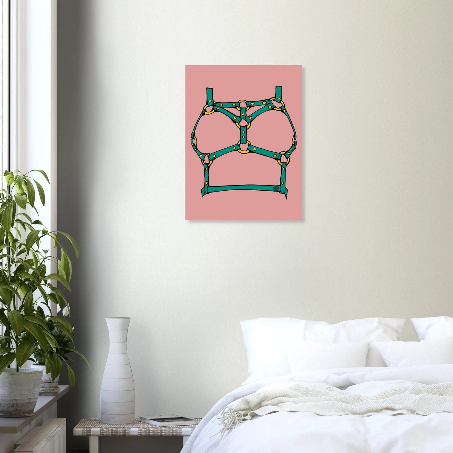 Sultry Teal Harness Straps & Golden Rings – Erotic Bondage Illustration Aluminum Print - Urban Muse & Sultry Hues