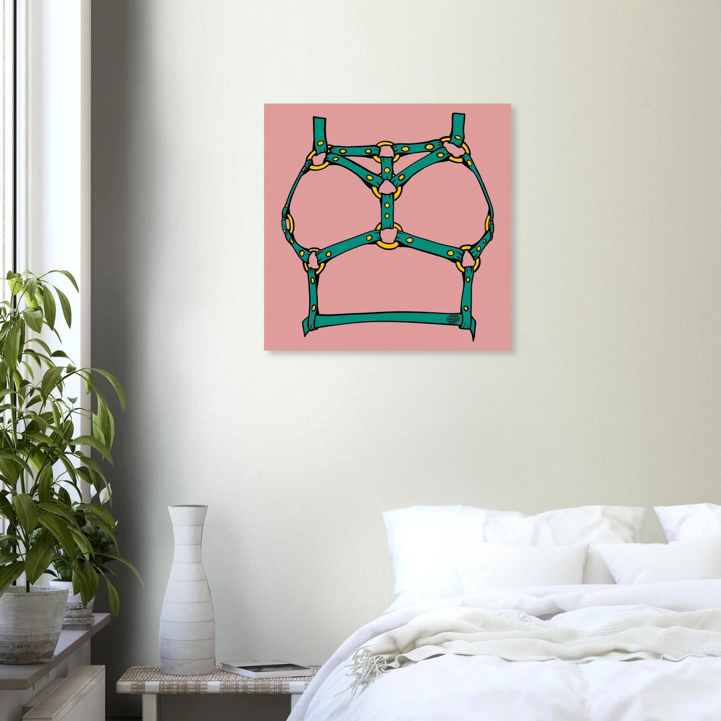 Sultry Teal Harness Straps & Golden Rings – Erotic Bondage Illustration Aluminum Print - Urban Muse & Sultry Hues