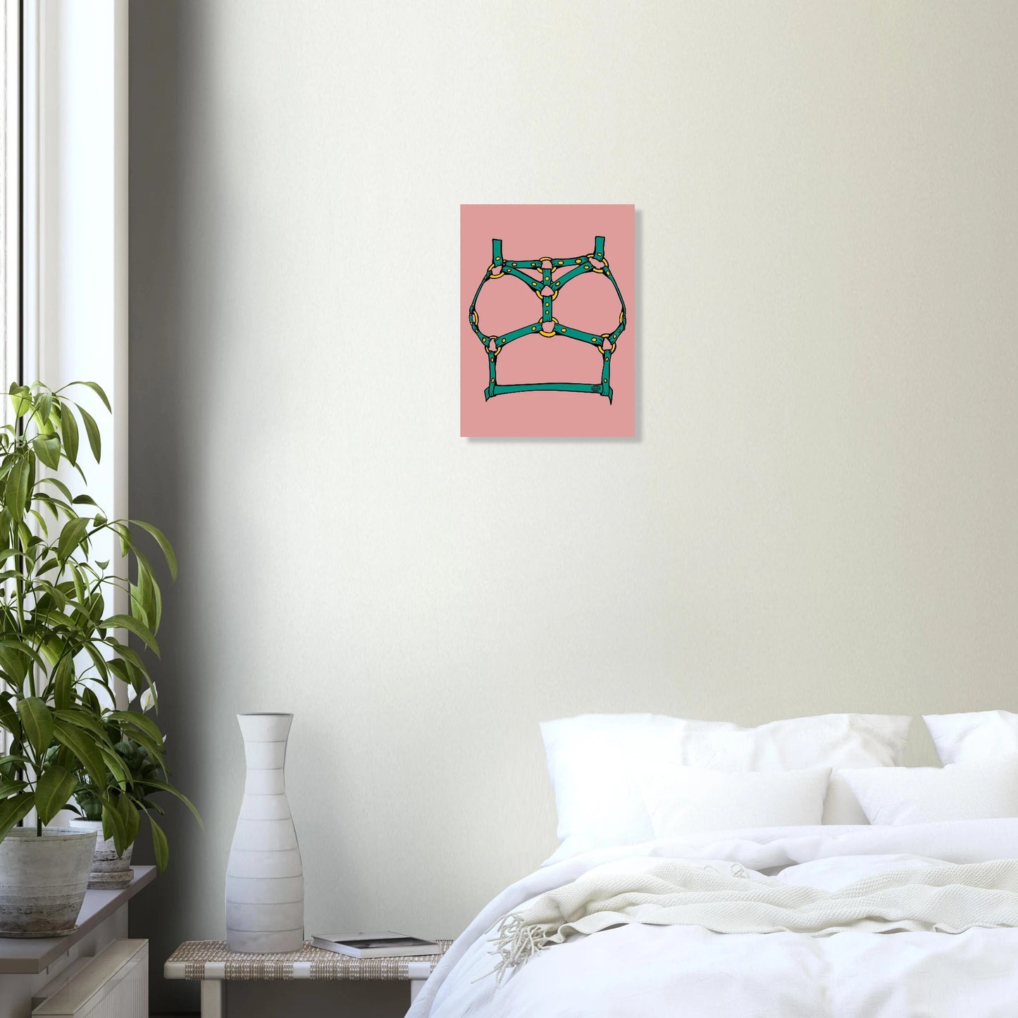 Sultry Teal Harness Straps & Golden Rings – Erotic Bondage Illustration Aluminum Print - Urban Muse & Sultry Hues