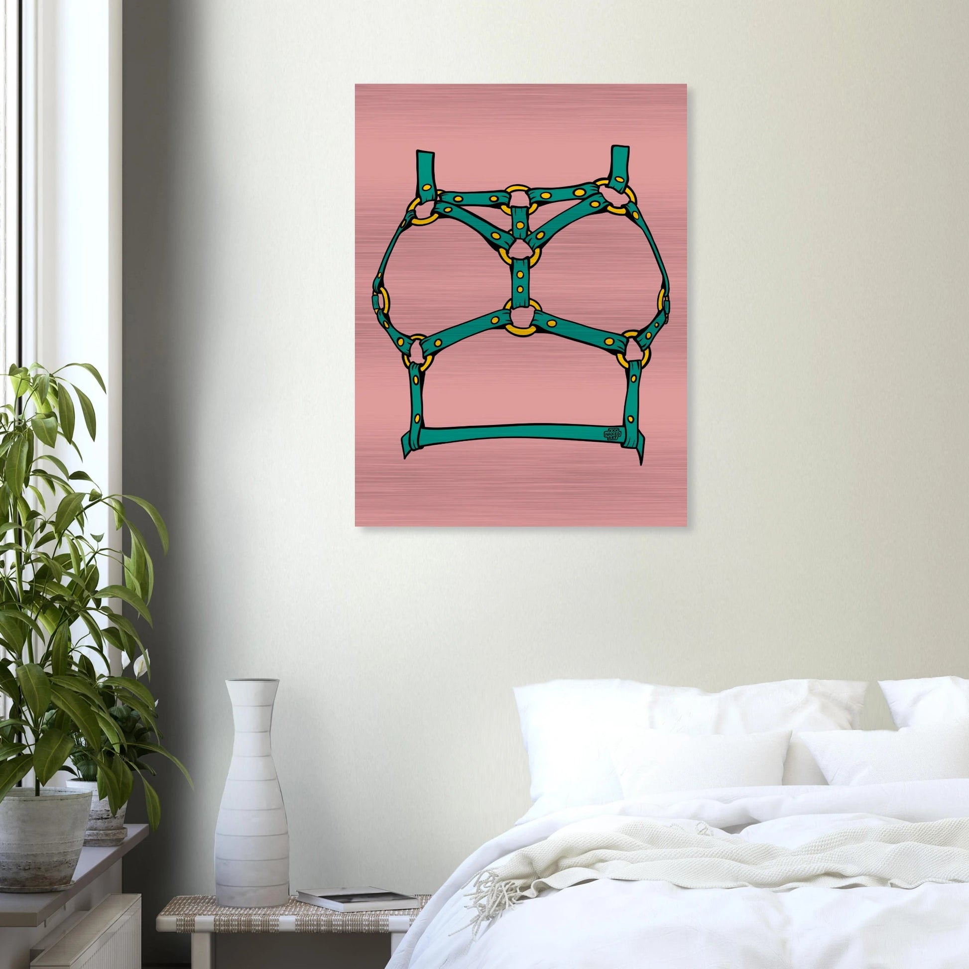 Sultry Teal Harness Straps & Golden Rings – Erotic Bondage Illustration Brushed Aluminum Print - Urban Muse & Sultry Hues