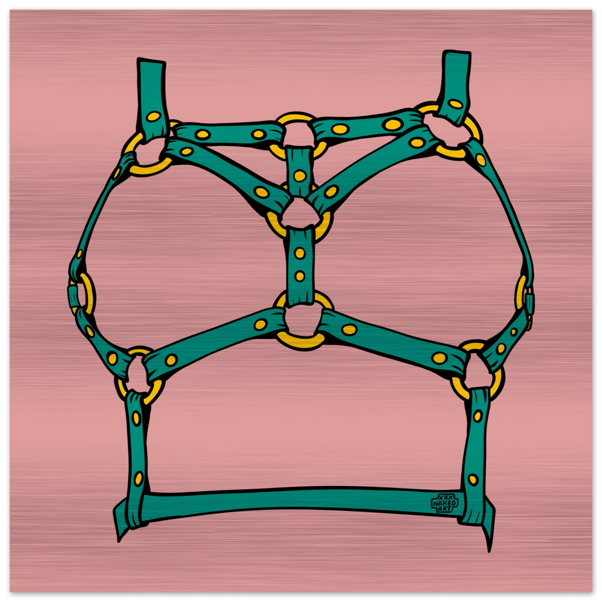 Sultry Teal Harness Straps & Golden Rings – Erotic Bondage Illustration Brushed Aluminum Print - Urban Muse & Sultry Hues