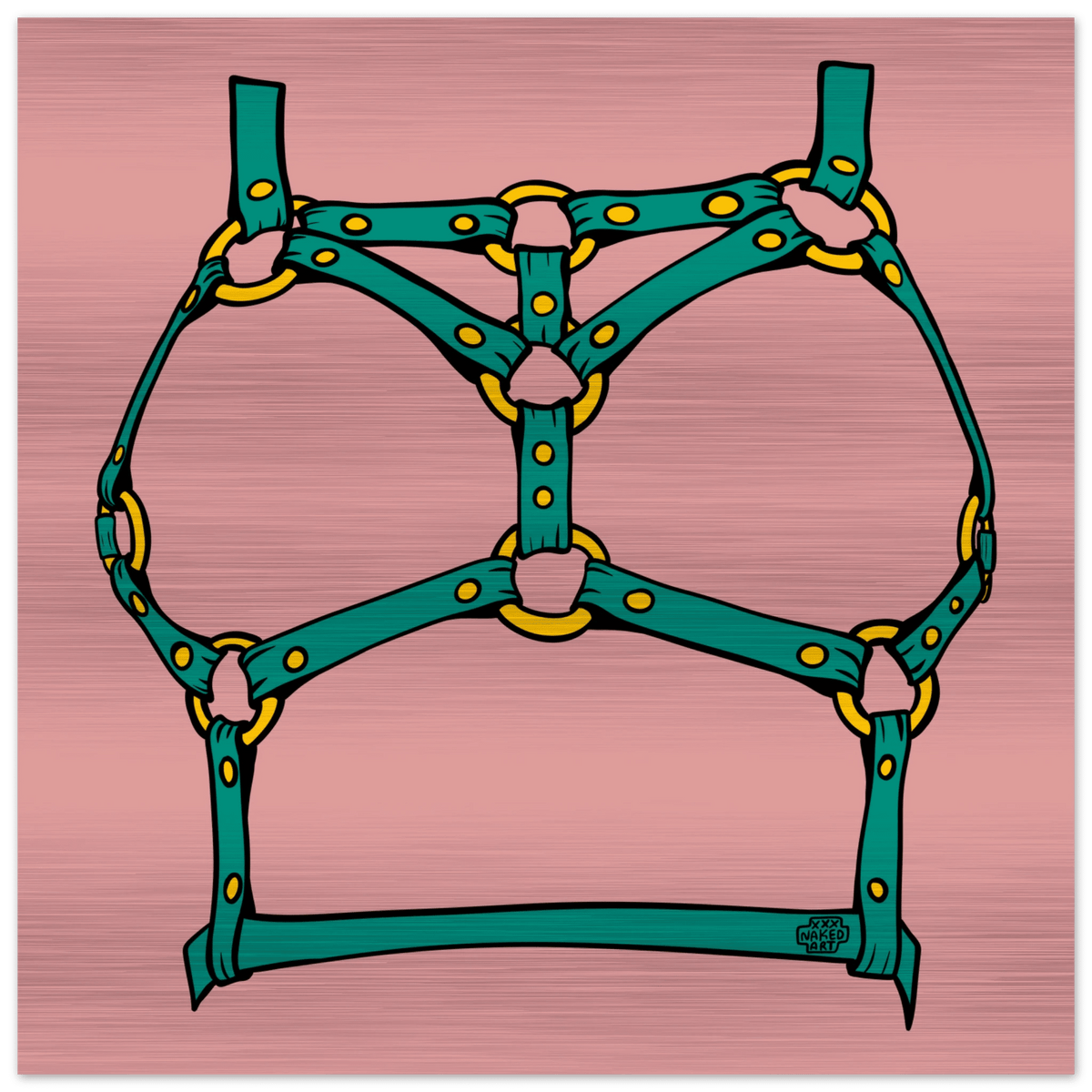 Sultry Teal Harness Straps & Golden Rings – Erotic Bondage Illustration Brushed Aluminum Print - Urban Muse & Sultry Hues