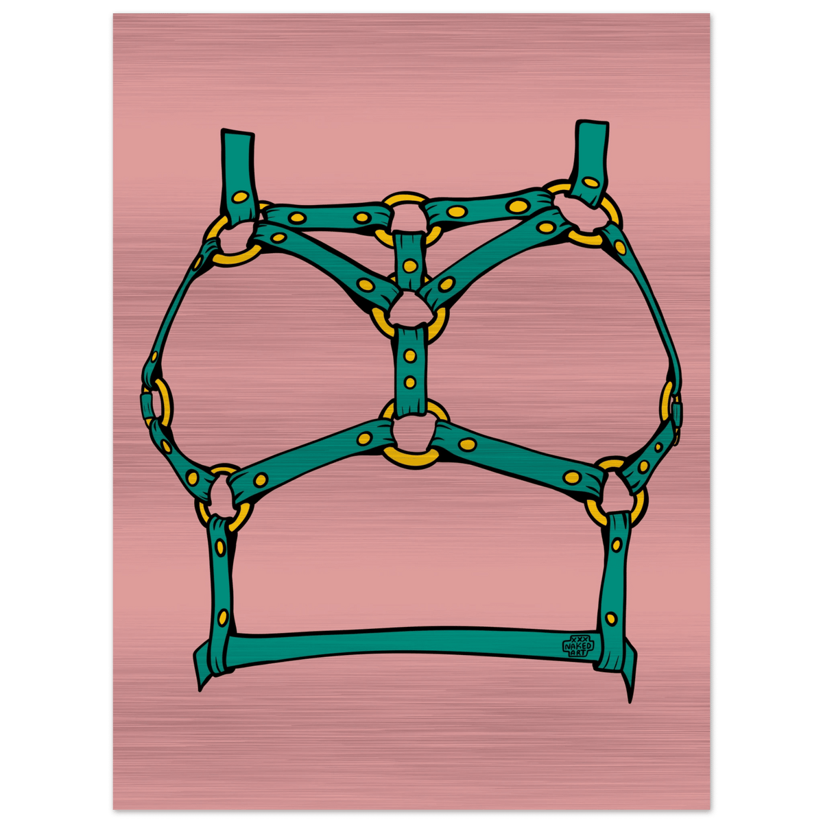 Sultry Teal Harness Straps & Golden Rings – Erotic Bondage Illustration Brushed Aluminum Print - Urban Muse & Sultry Hues