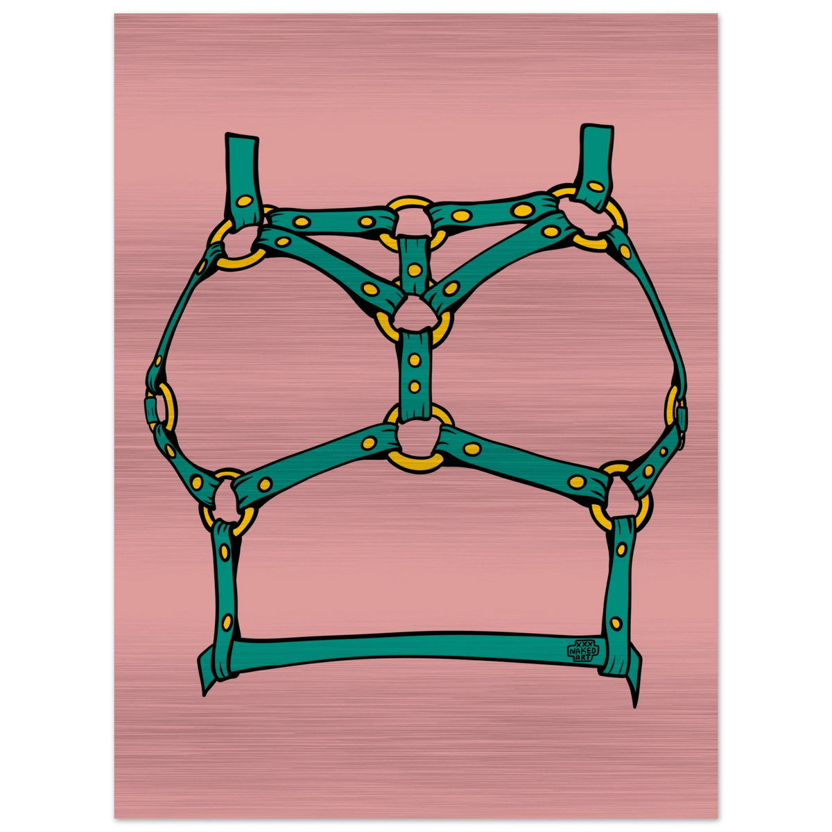 Sultry Teal Harness Straps & Golden Rings – Erotic Bondage Illustration Brushed Aluminum Print - Urban Muse & Sultry Hues