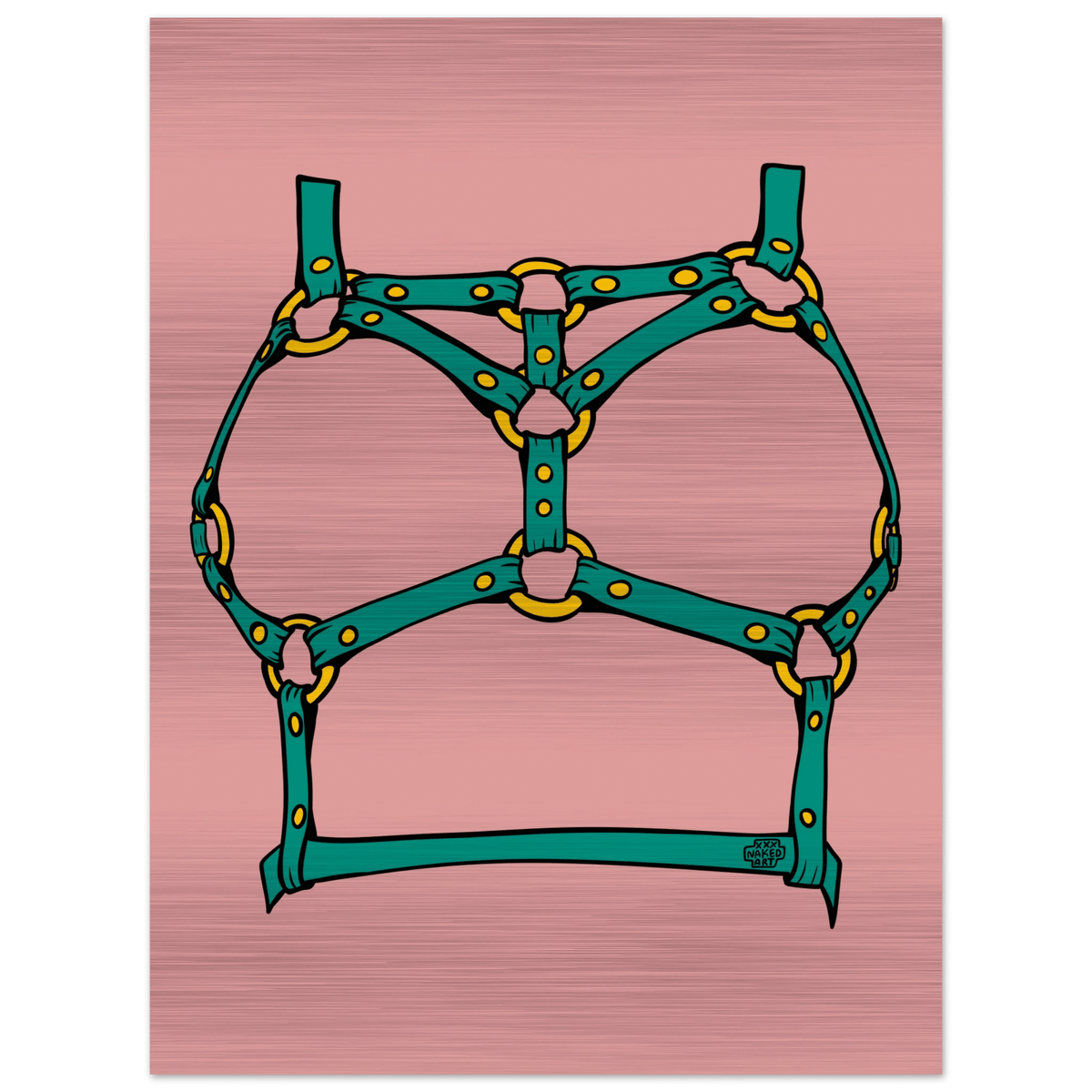 Sultry Teal Harness Straps & Golden Rings – Erotic Bondage Illustration Brushed Aluminum Print - Urban Muse & Sultry Hues