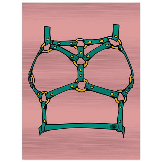 Sultry Teal Harness Straps & Golden Rings – Erotic Bondage Illustration Brushed Aluminum Print - Urban Muse & Sultry Hues