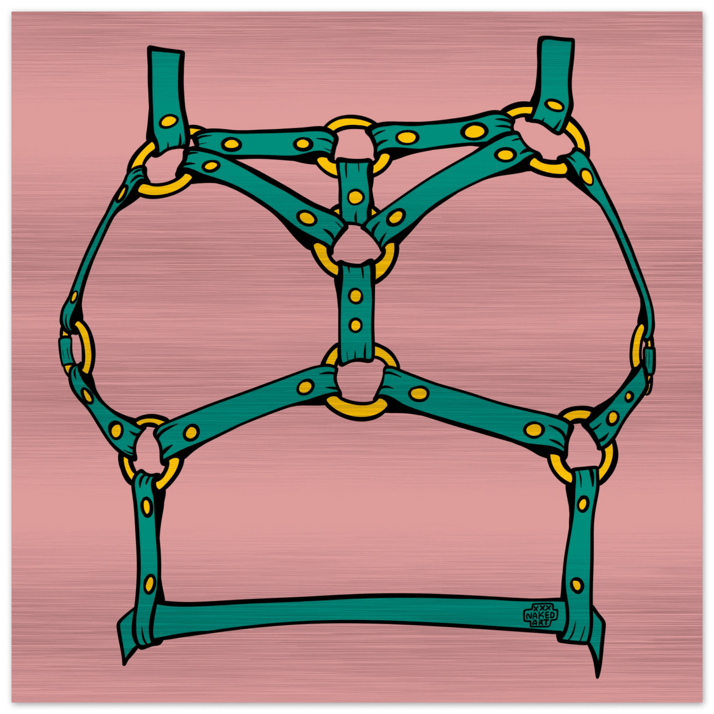 Sultry Teal Harness Straps & Golden Rings – Erotic Bondage Illustration Brushed Aluminum Print - Urban Muse & Sultry Hues