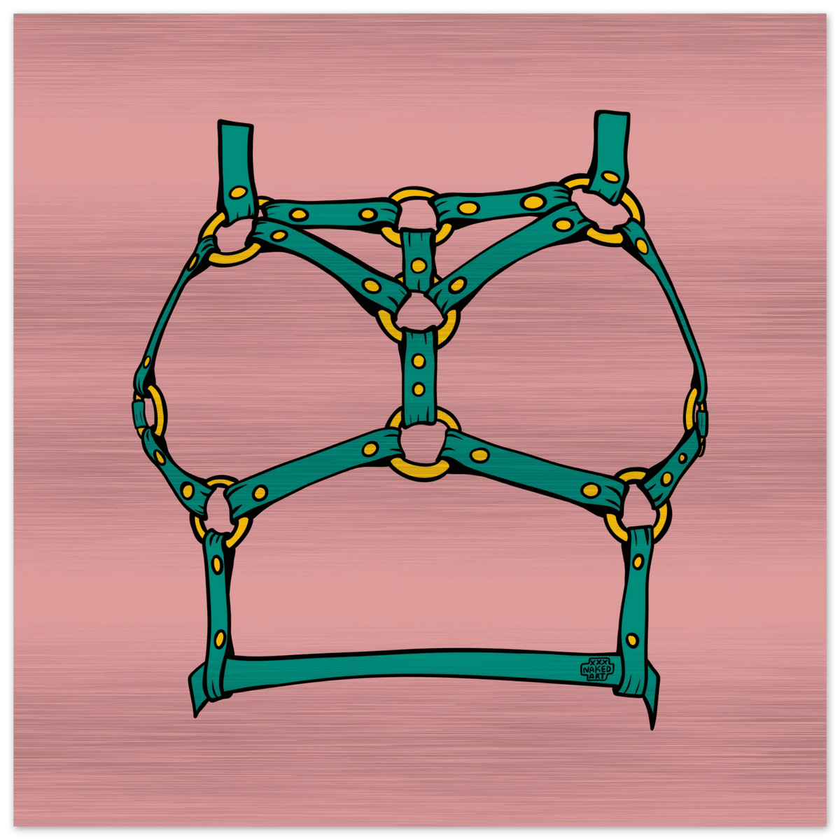 Sultry Teal Harness Straps & Golden Rings – Erotic Bondage Illustration Brushed Aluminum Print - Urban Muse & Sultry Hues