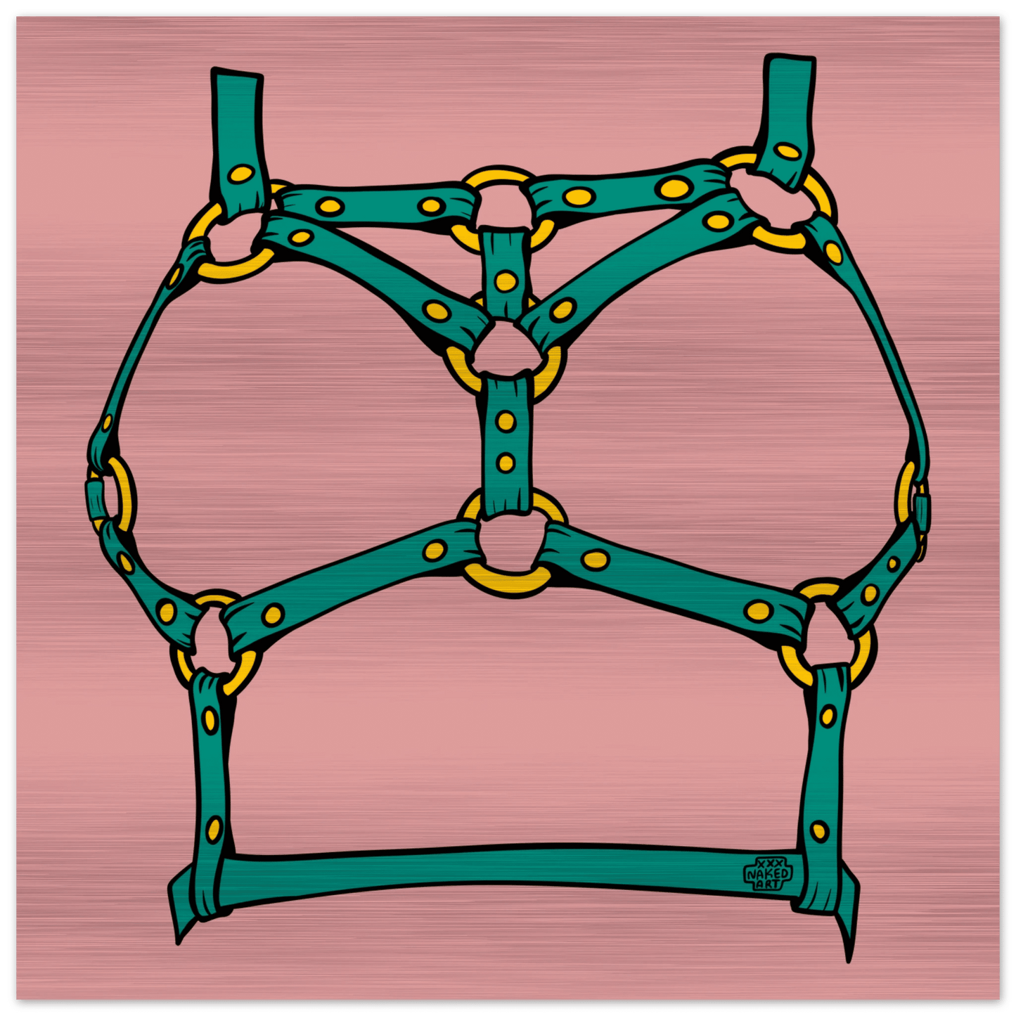 Sultry Teal Harness Straps & Golden Rings – Erotic Bondage Illustration Brushed Aluminum Print - Urban Muse & Sultry Hues