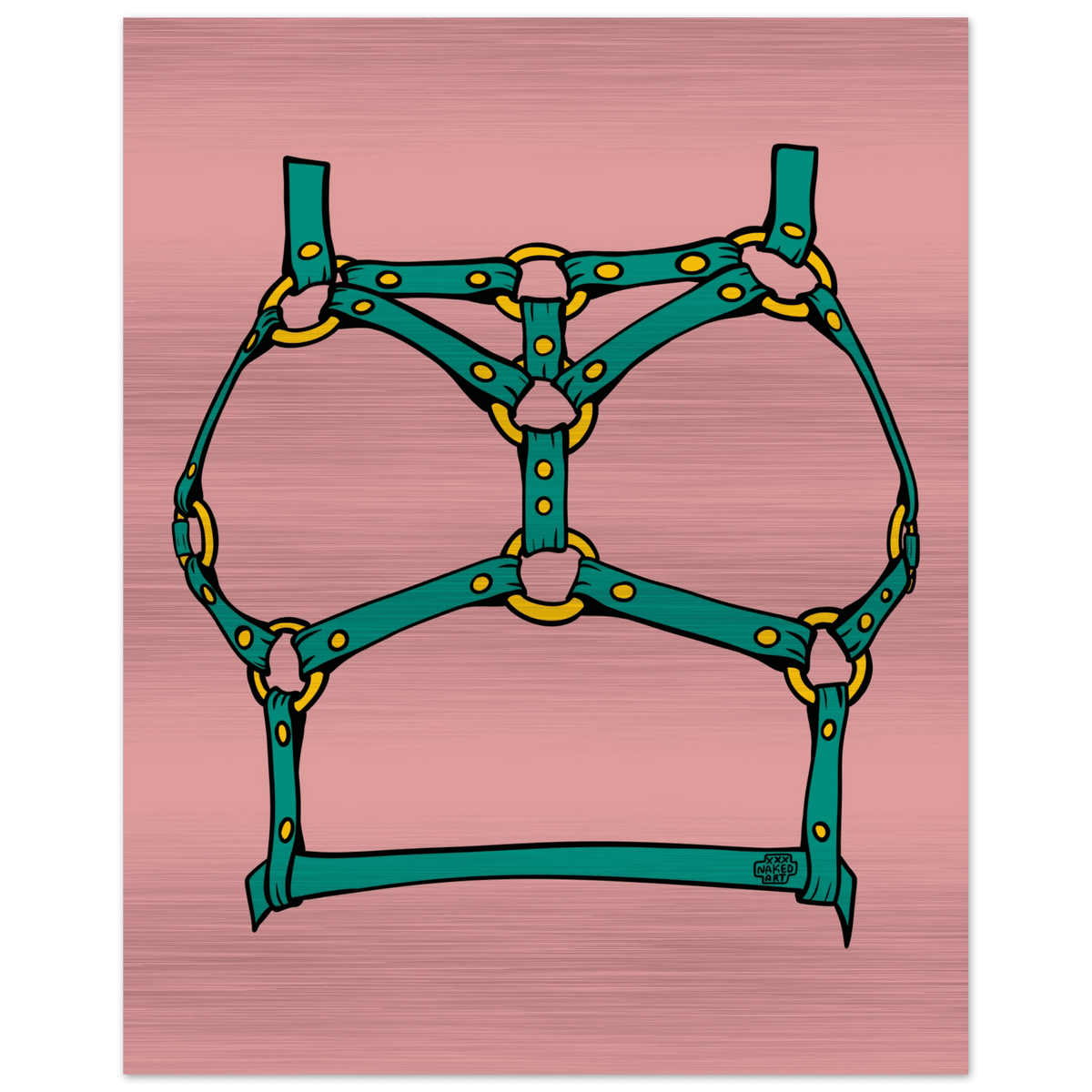 Sultry Teal Harness Straps & Golden Rings – Erotic Bondage Illustration Brushed Aluminum Print - Urban Muse & Sultry Hues