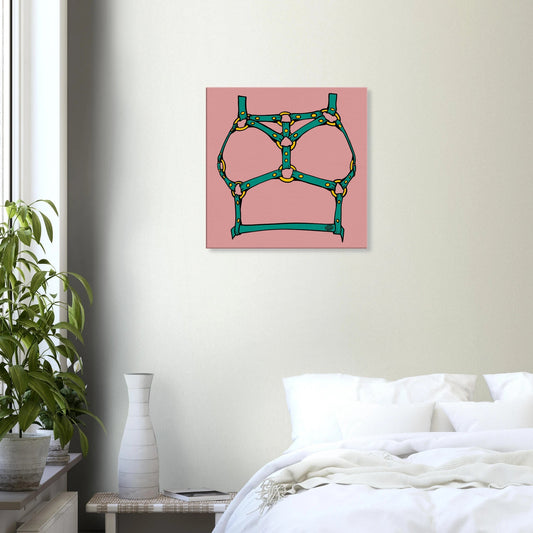 Sultry Teal Harness Straps & Golden Rings – Erotic Bondage Illustration Canvas - Urban Muse & Sultry Hues