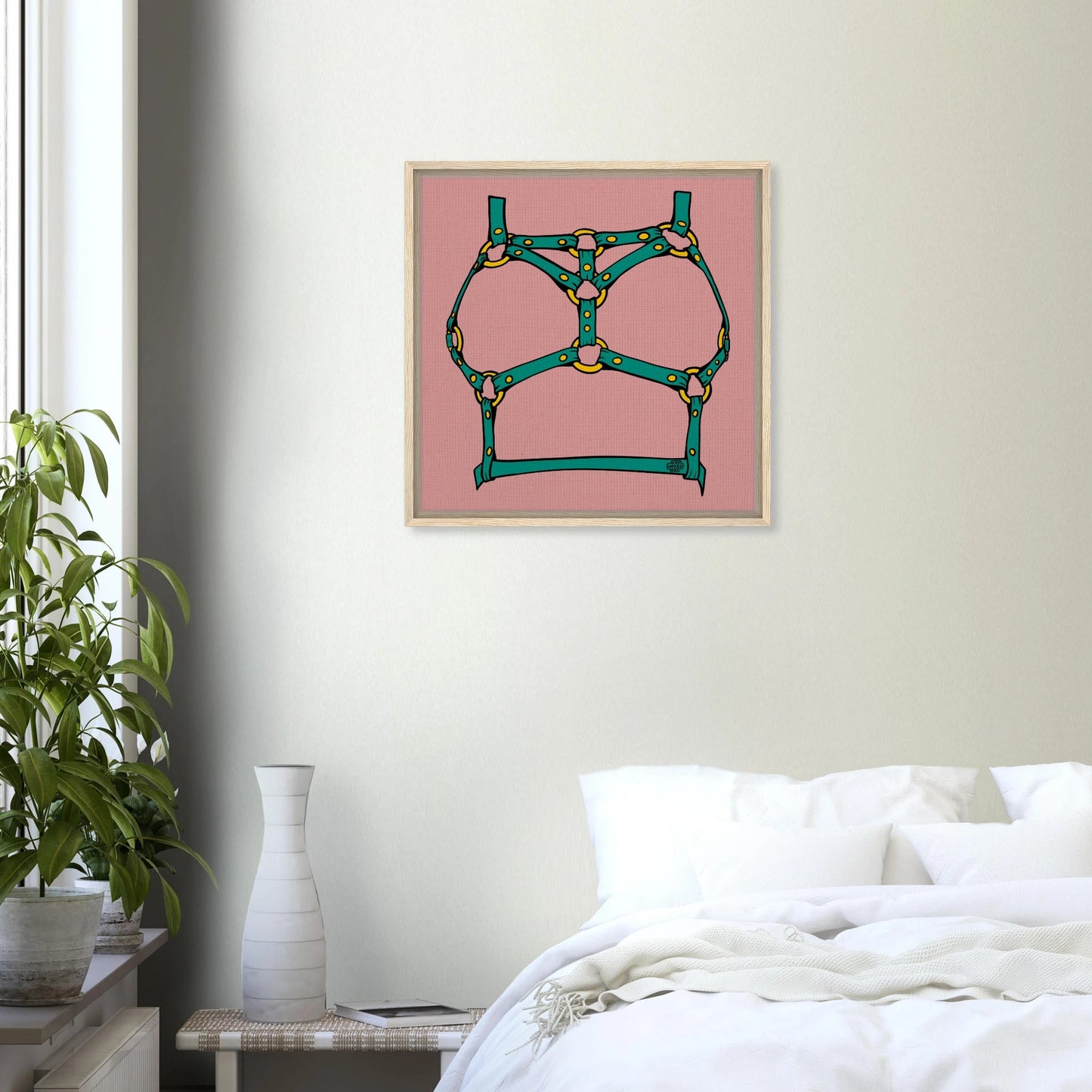 Sultry Teal Harness Straps & Golden Rings – Erotic Bondage Illustration Framed Canvas - Urban Muse & Sultry Hues