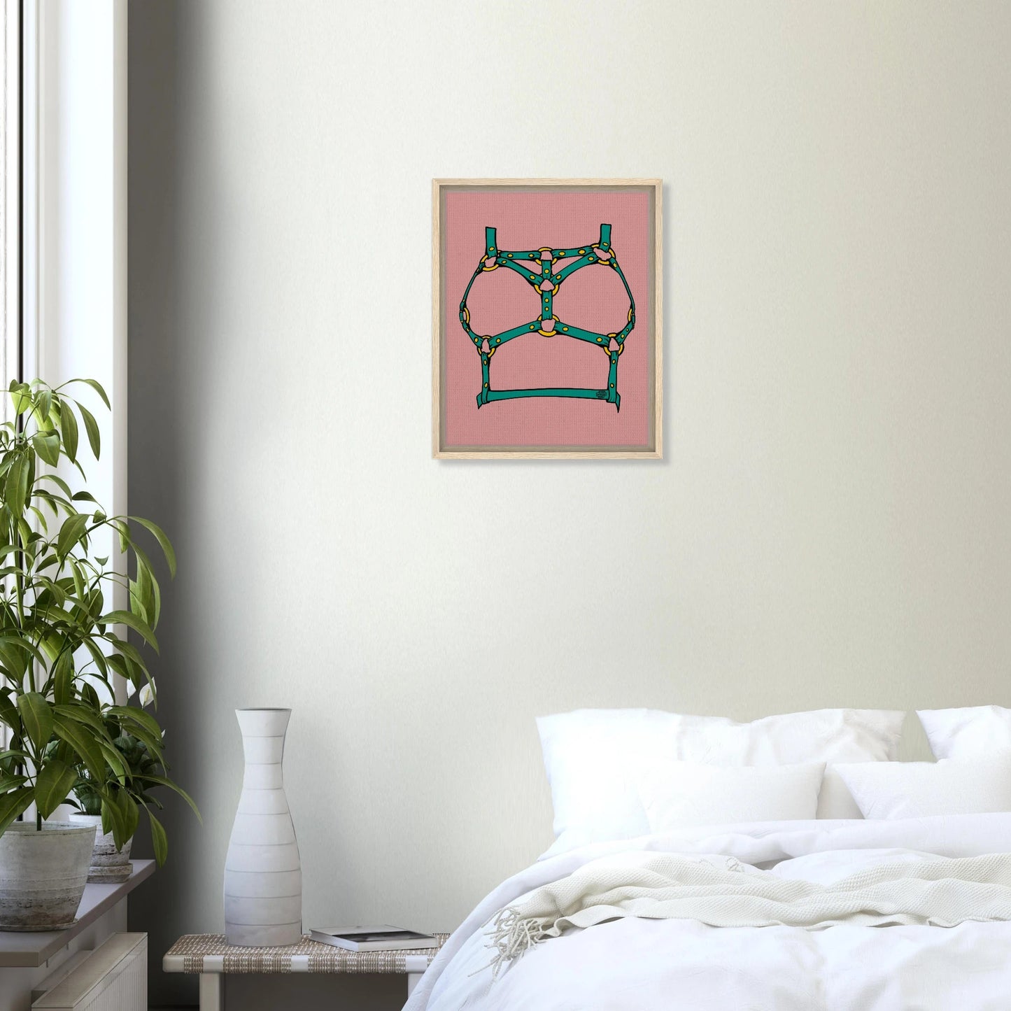 Sultry Teal Harness Straps & Golden Rings – Erotic Bondage Illustration Framed Canvas - Urban Muse & Sultry Hues