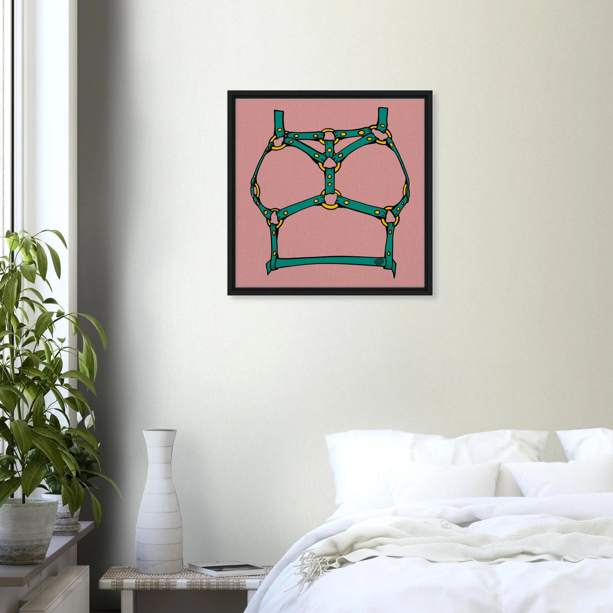 Sultry Teal Harness Straps & Golden Rings – Erotic Bondage Illustration Framed Canvas - Urban Muse & Sultry Hues