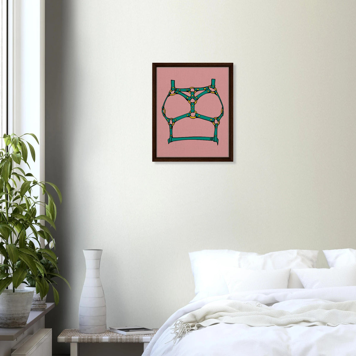 Sultry Teal Harness Straps & Golden Rings – Erotic Bondage Illustration Framed Canvas - Urban Muse & Sultry Hues