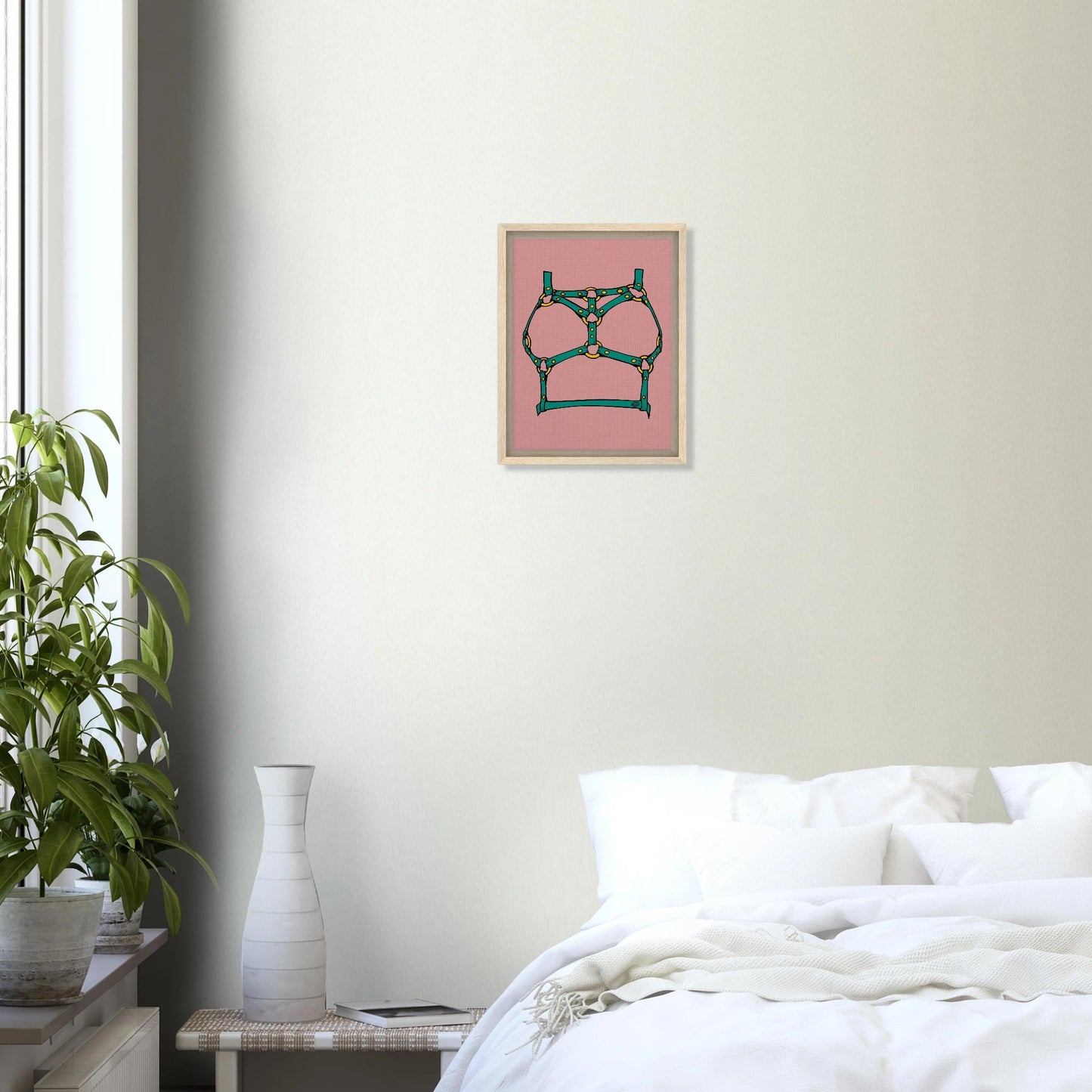 Sultry Teal Harness Straps & Golden Rings – Erotic Bondage Illustration Framed Canvas - Urban Muse & Sultry Hues