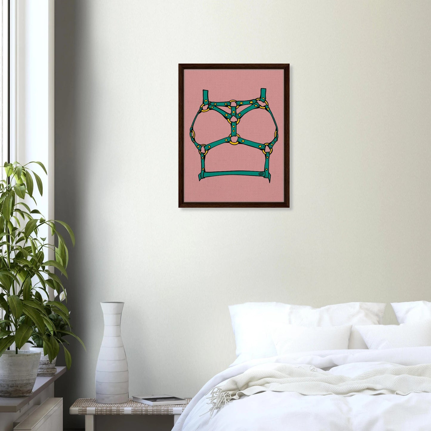 Sultry Teal Harness Straps & Golden Rings – Erotic Bondage Illustration Framed Canvas - Urban Muse & Sultry Hues