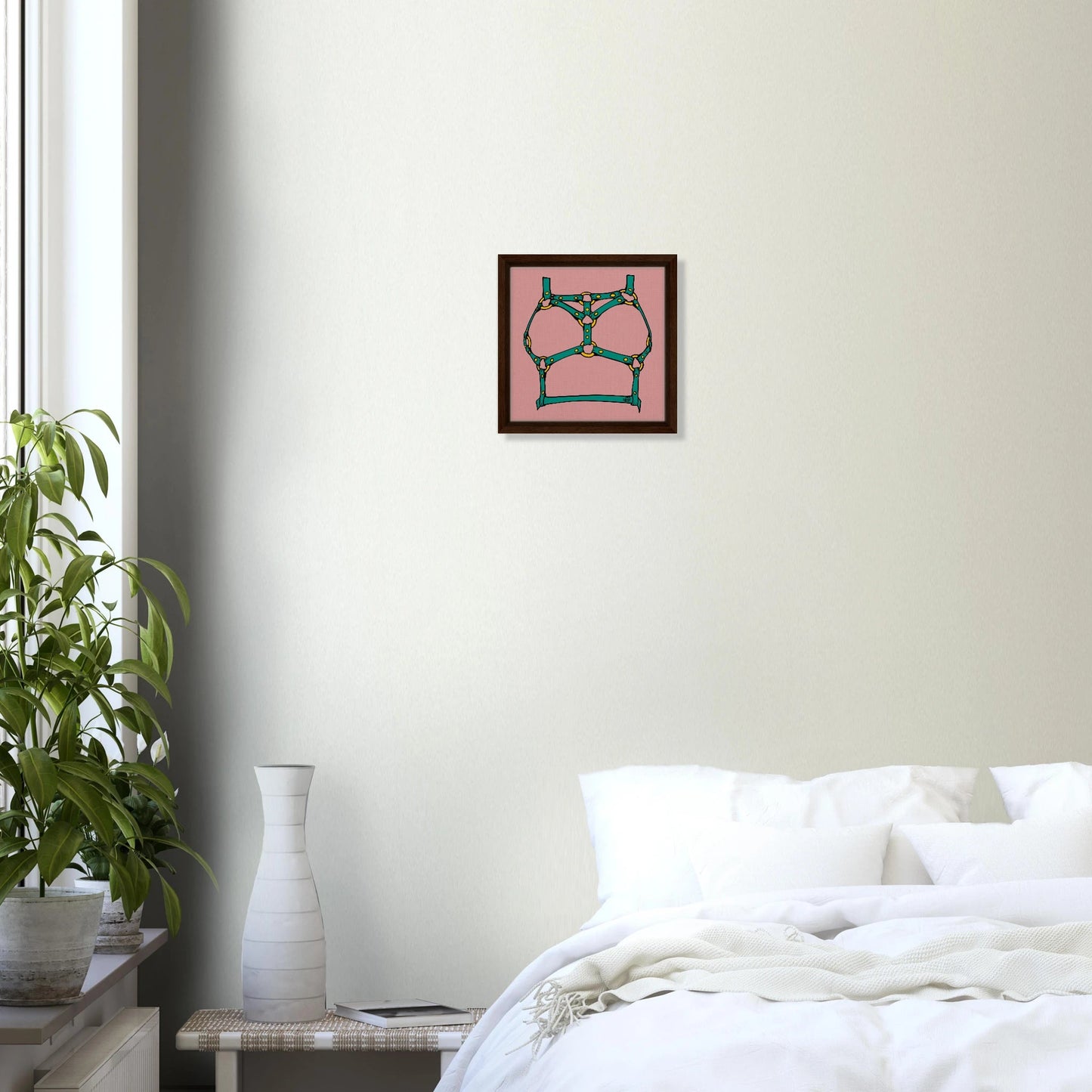 Sultry Teal Harness Straps & Golden Rings – Erotic Bondage Illustration Framed Canvas - Urban Muse & Sultry Hues