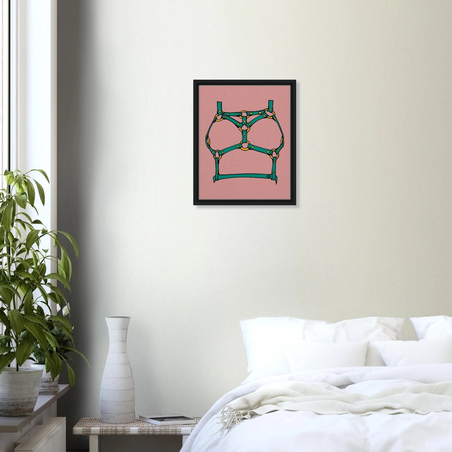 Sultry Teal Harness Straps & Golden Rings – Erotic Bondage Illustration Framed Canvas - Urban Muse & Sultry Hues